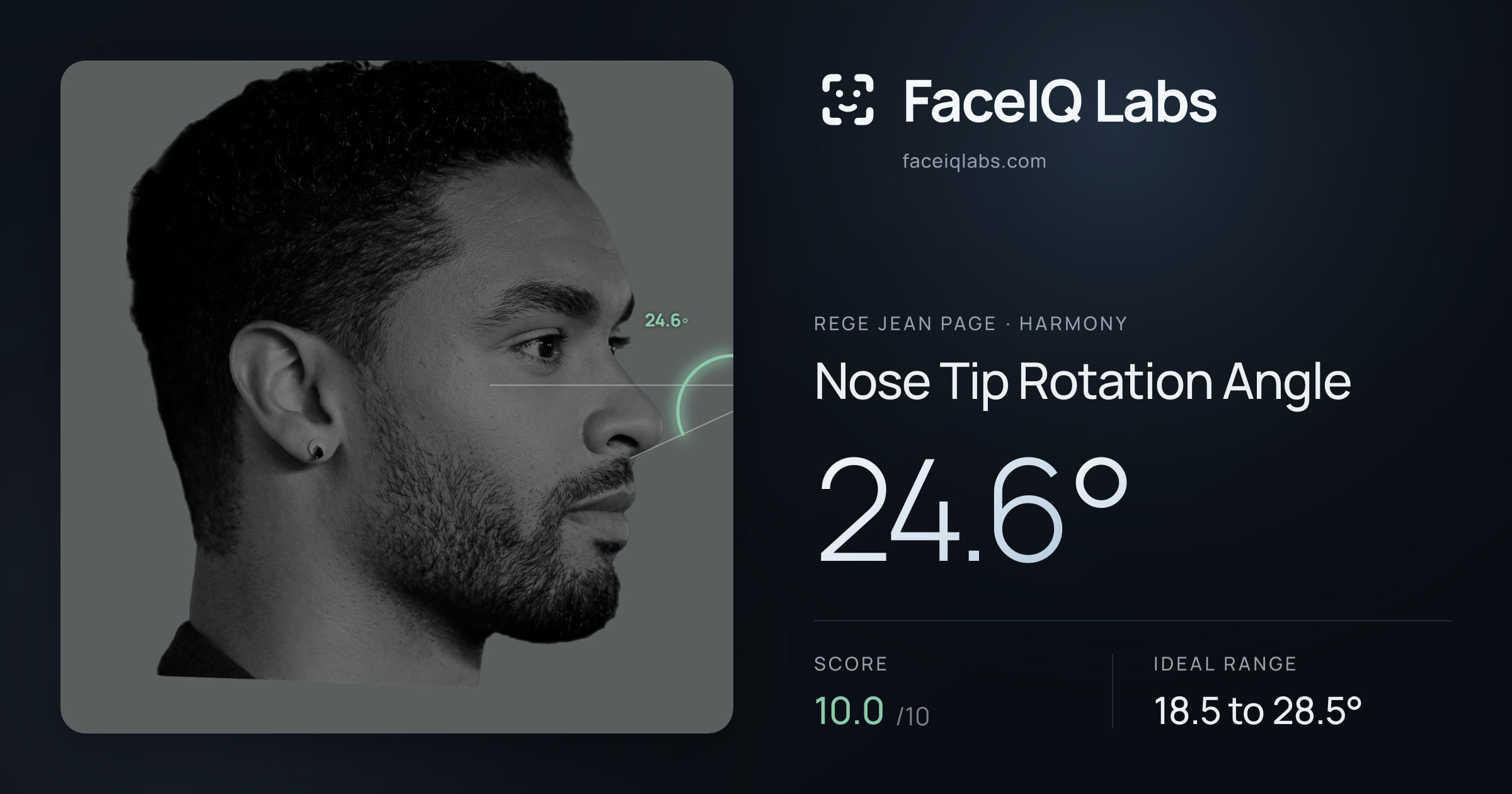 Rege Jean Page Nose Tip Rotation Angle: 24.6°, drawn on the photo