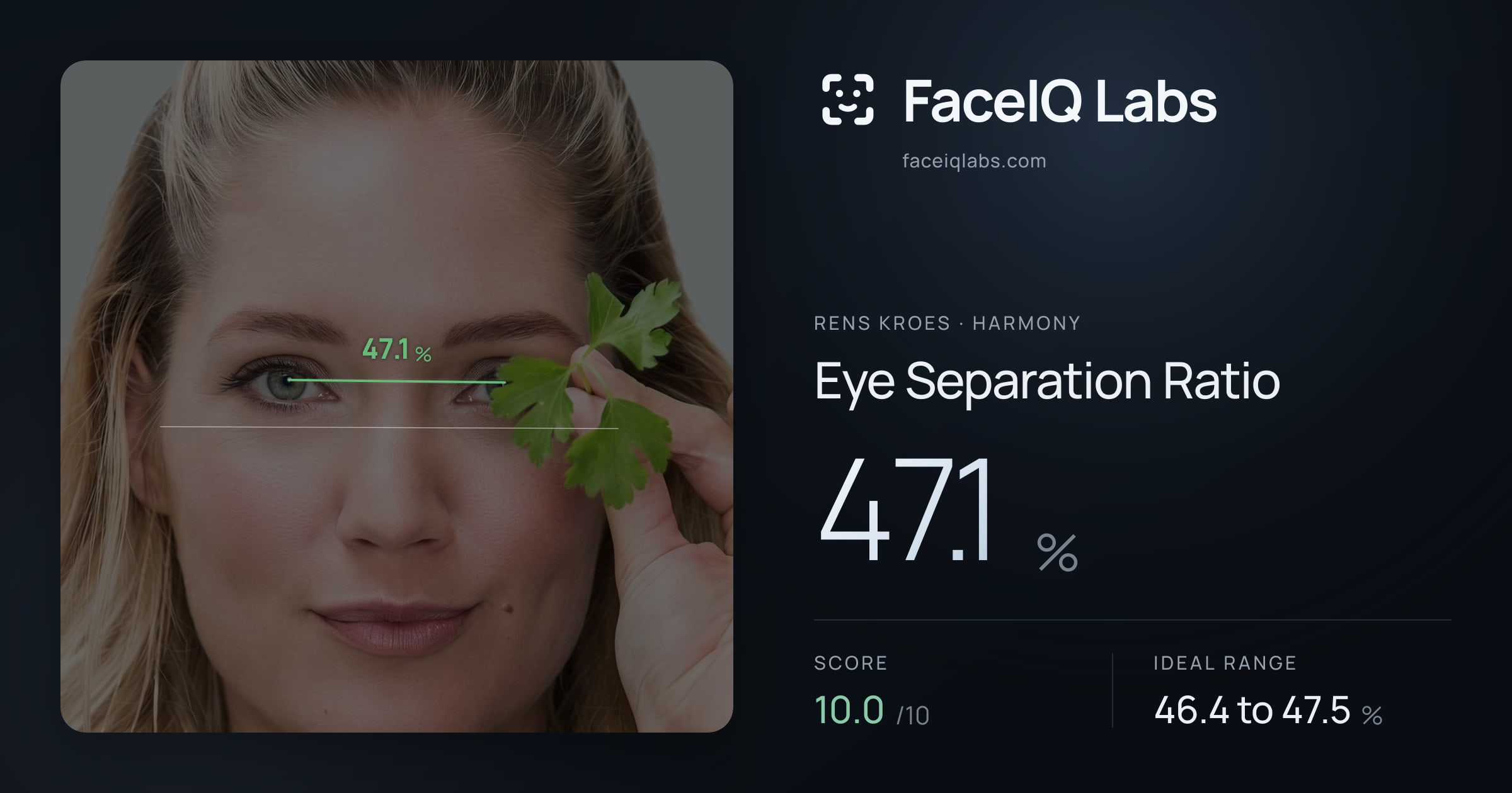 Rens Kroes Eye Separation Ratio: 47.1%, drawn on the photo