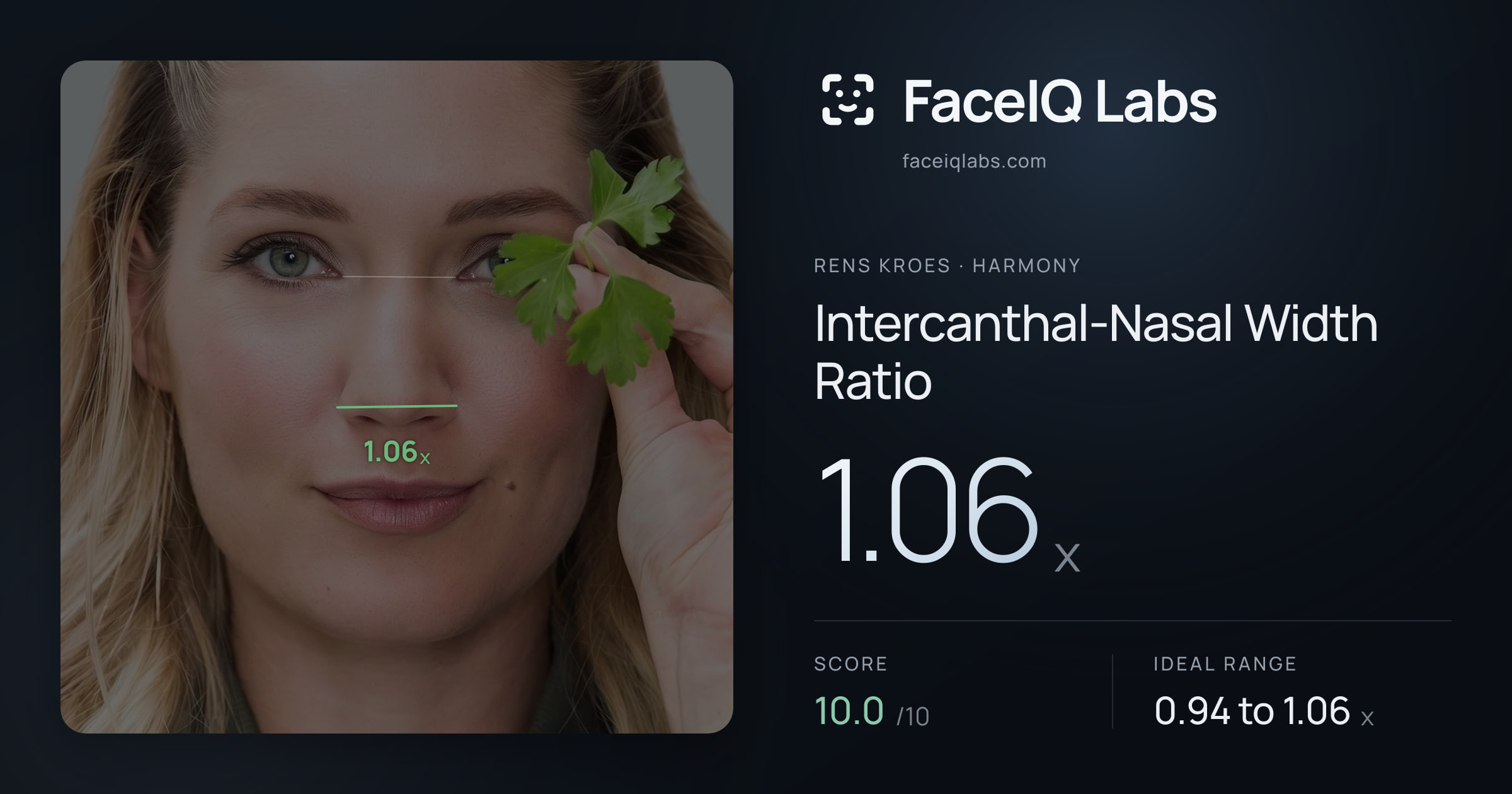 Rens Kroes Intercanthal-Nasal Width Ratio: 1.06x, drawn on the photo