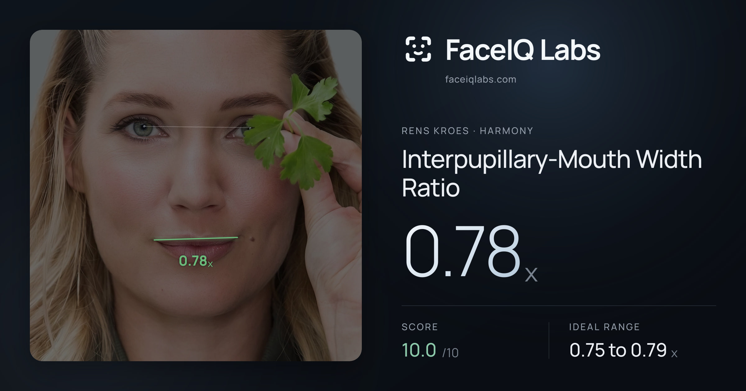Rens Kroes Interpupillary-Mouth Width Ratio: 0.78x, drawn on the photo