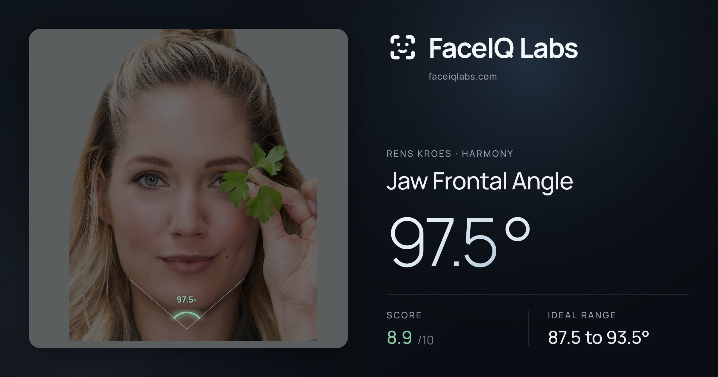 Rens Kroes Jaw Frontal Angle: 97.5°, drawn on the photo