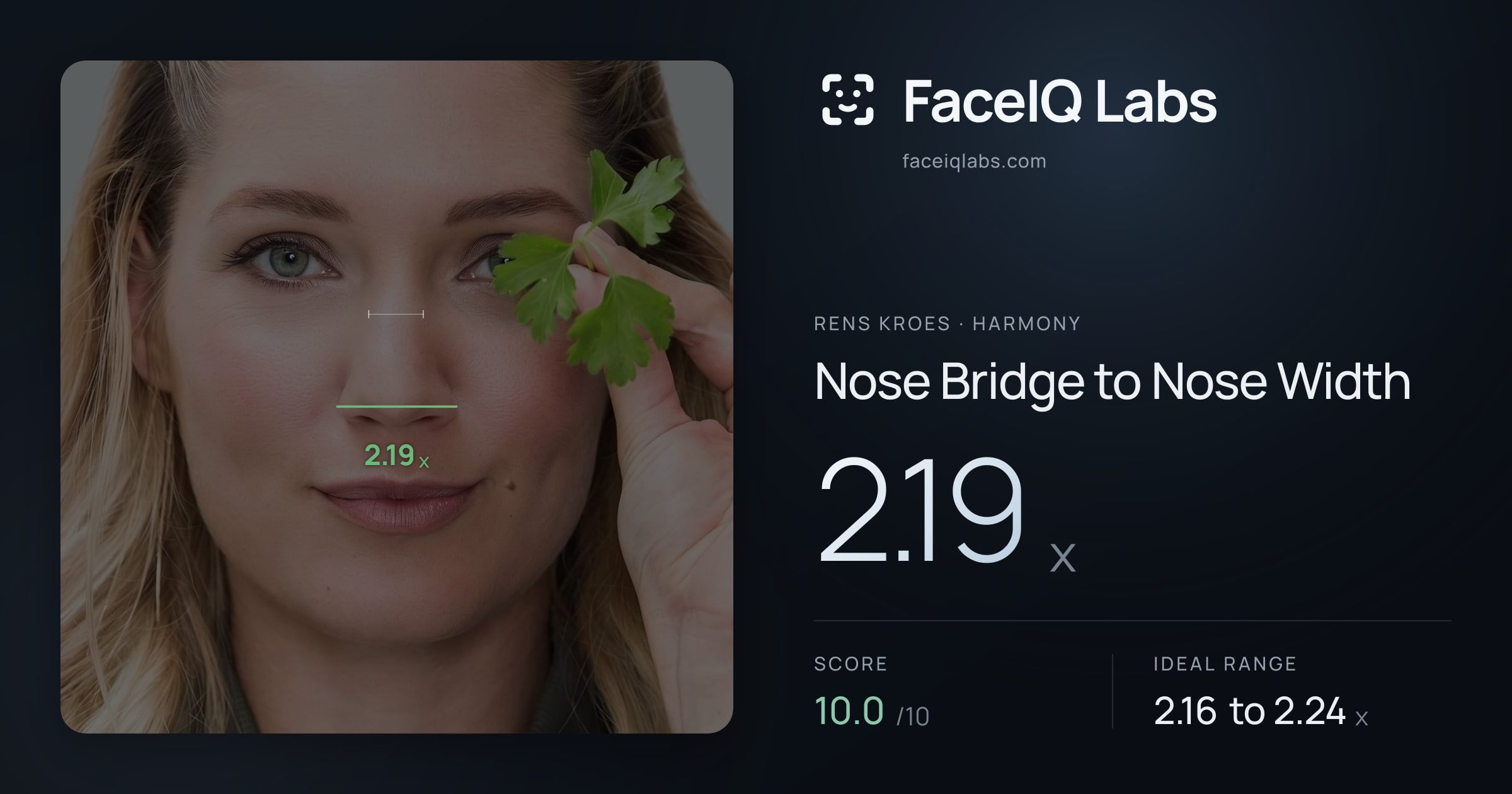 Rens Kroes Nose Bridge to Nose Width: 2.19x, drawn on the photo