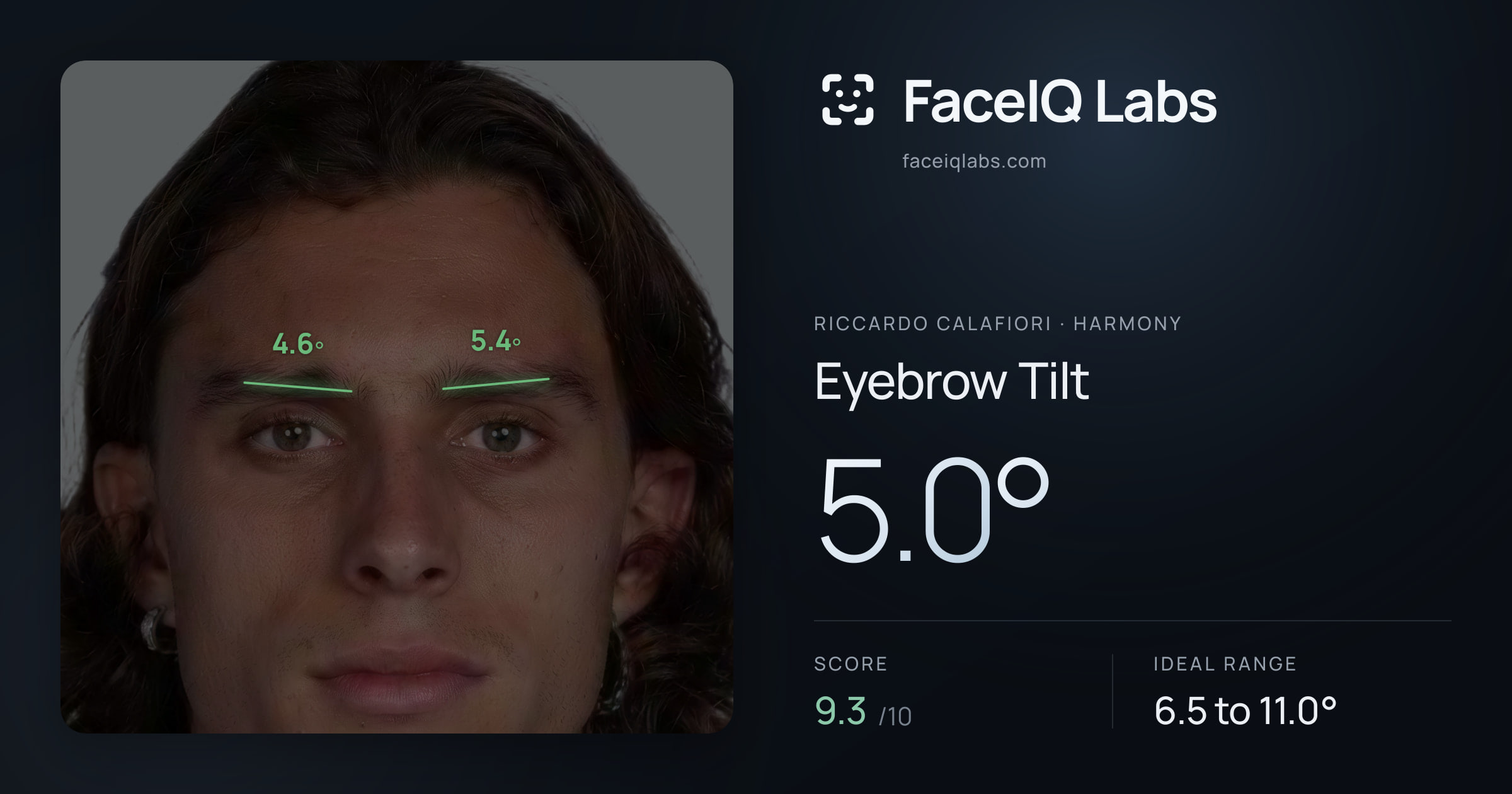 Riccardo Calafiori Eyebrow Tilt: 5.0°, drawn on the photo
