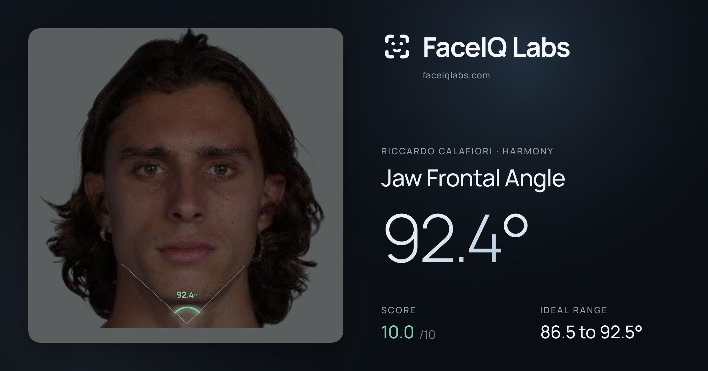 Riccardo Calafiori Jaw Frontal Angle: 92.4°, drawn on the photo