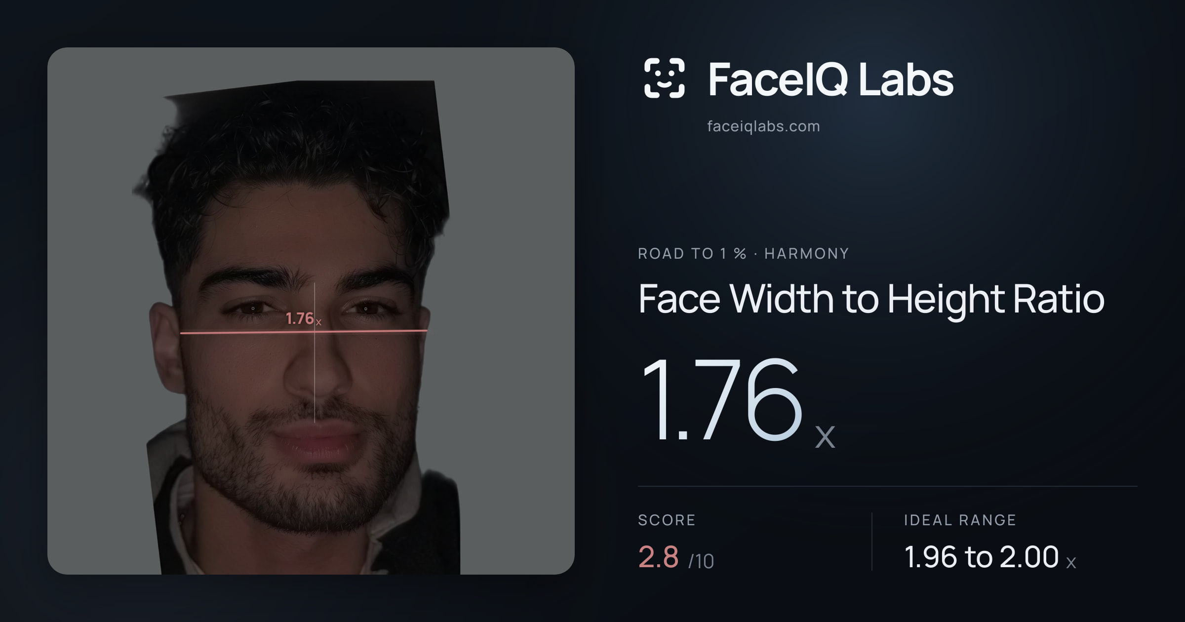 Road To 1 % Face Width to Height Ratio: 1.76x, drawn on the photo