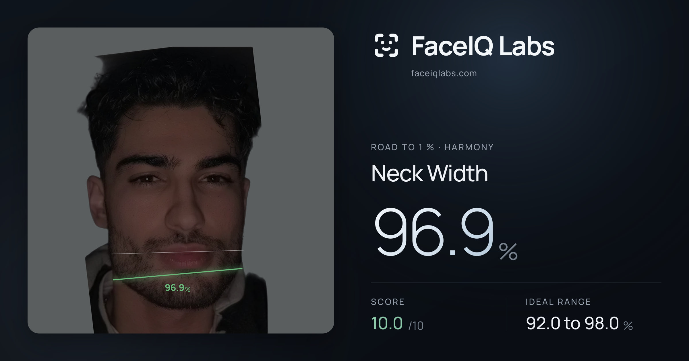Road To 1 % Neck Width: 96.9%, drawn on the photo