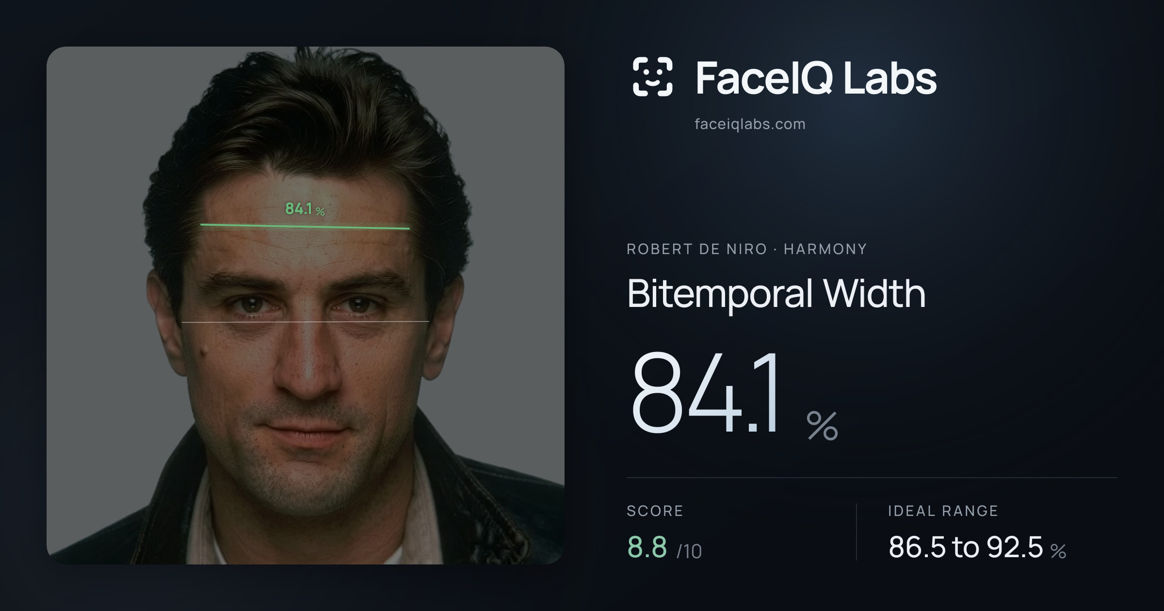 Robert De Niro Bitemporal Width: 84.1%, drawn on the photo