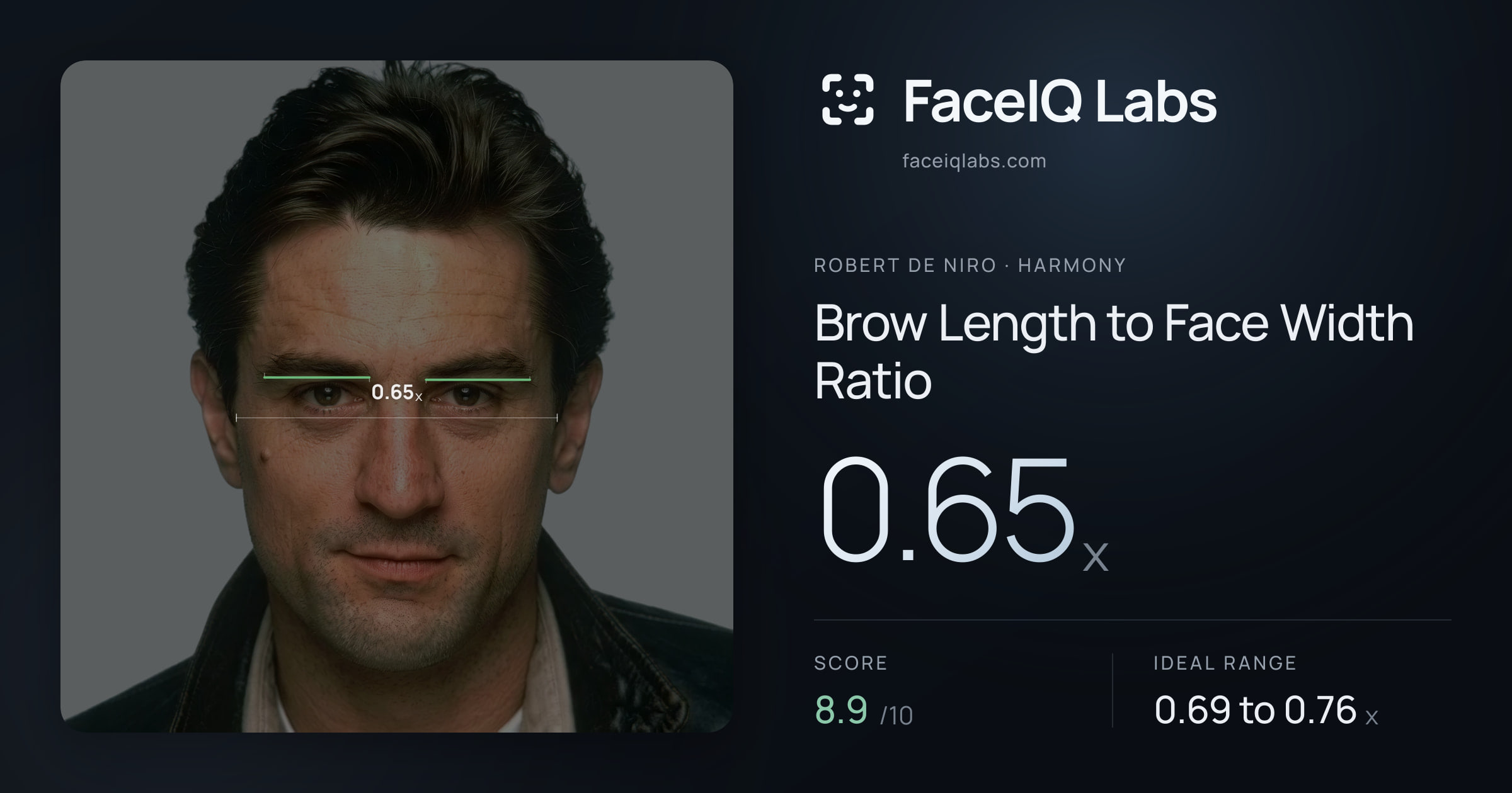 Robert De Niro Brow Length to Face Width Ratio: 0.65x, drawn on the photo