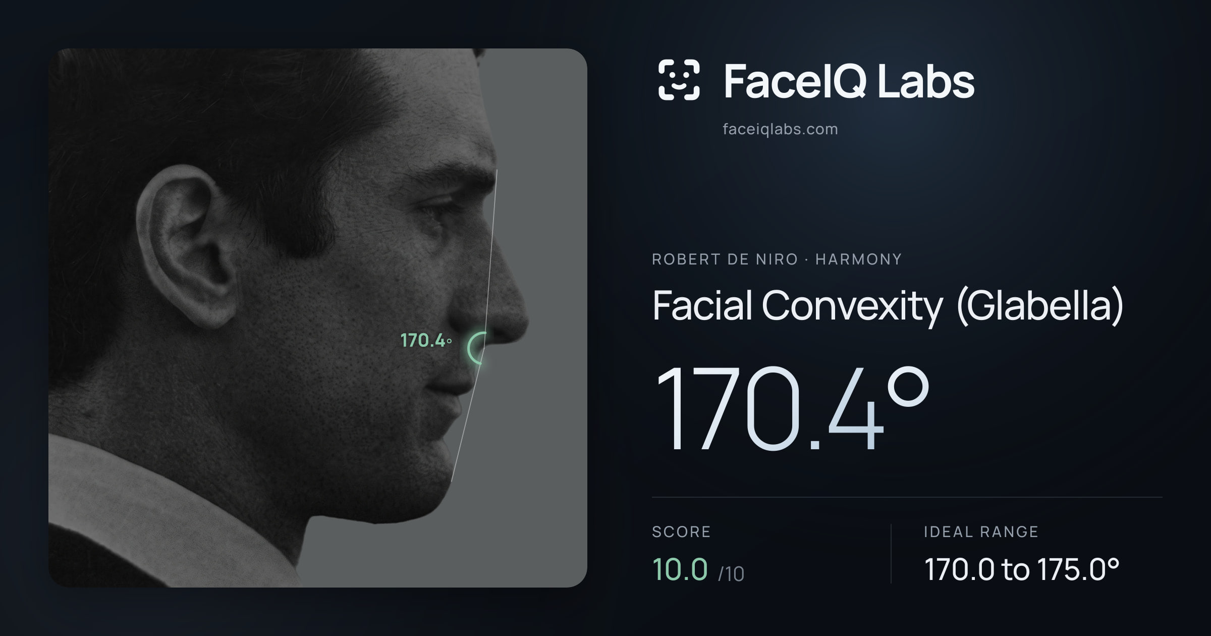 Robert De Niro Facial Convexity (Glabella): 170.4°, drawn on the photo