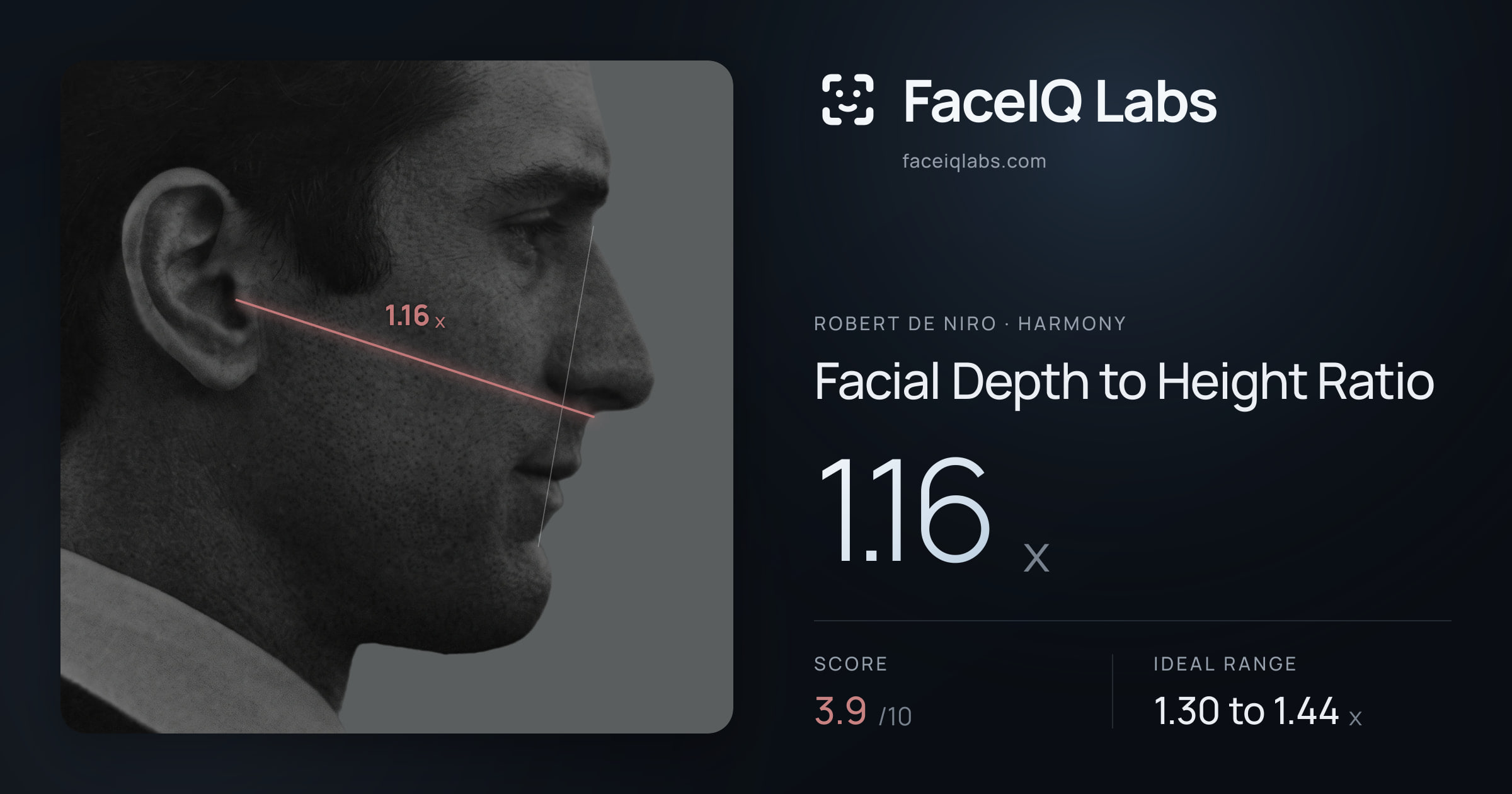 Robert De Niro Facial Depth to Height Ratio: 1.16x, drawn on the photo