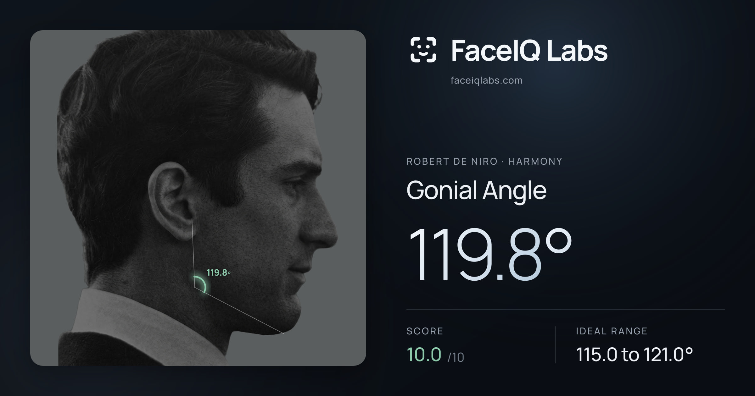 Robert De Niro Gonial Angle: 119.8°, drawn on the photo