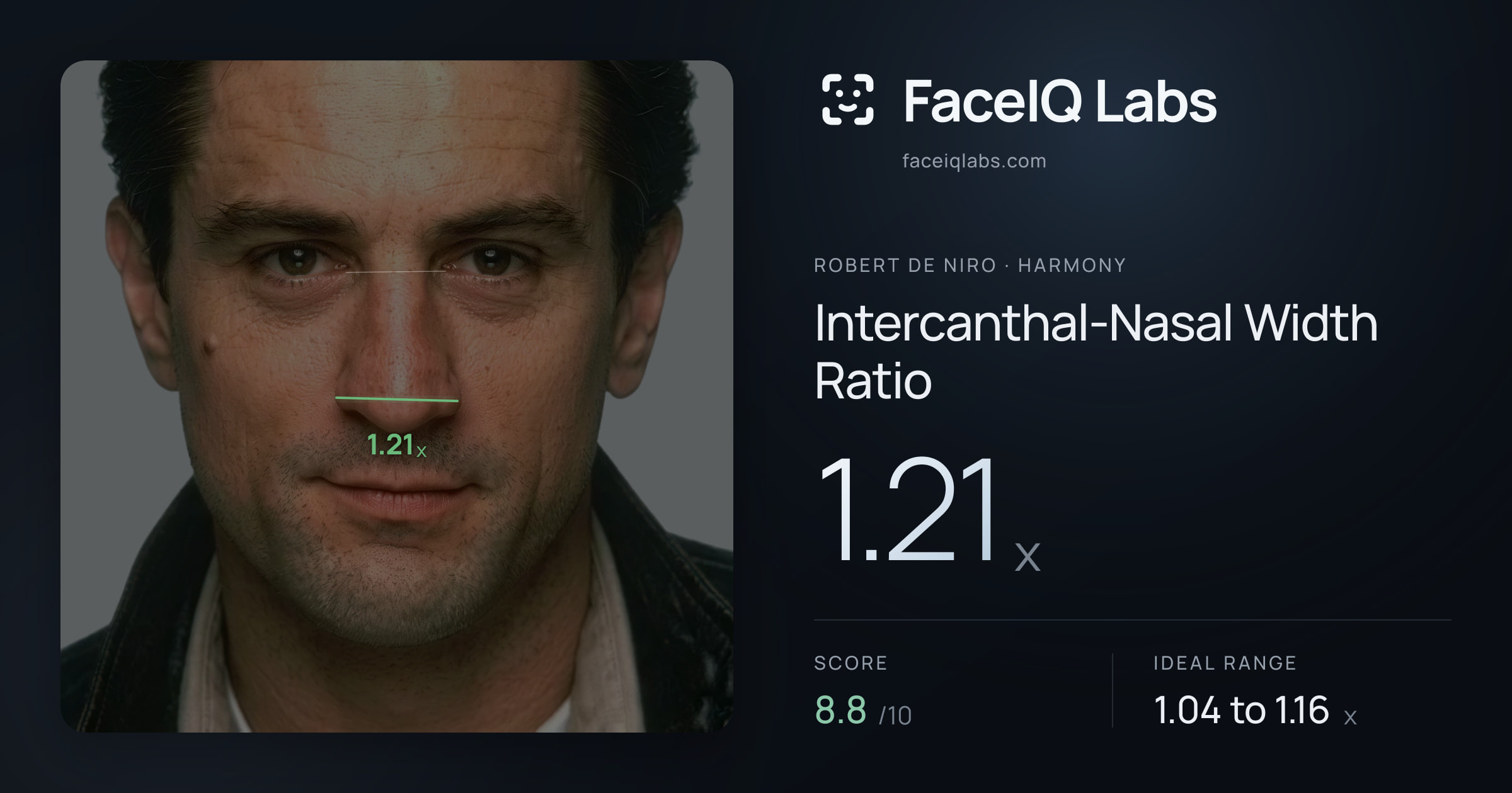 Robert De Niro Intercanthal-Nasal Width Ratio: 1.21x, drawn on the photo