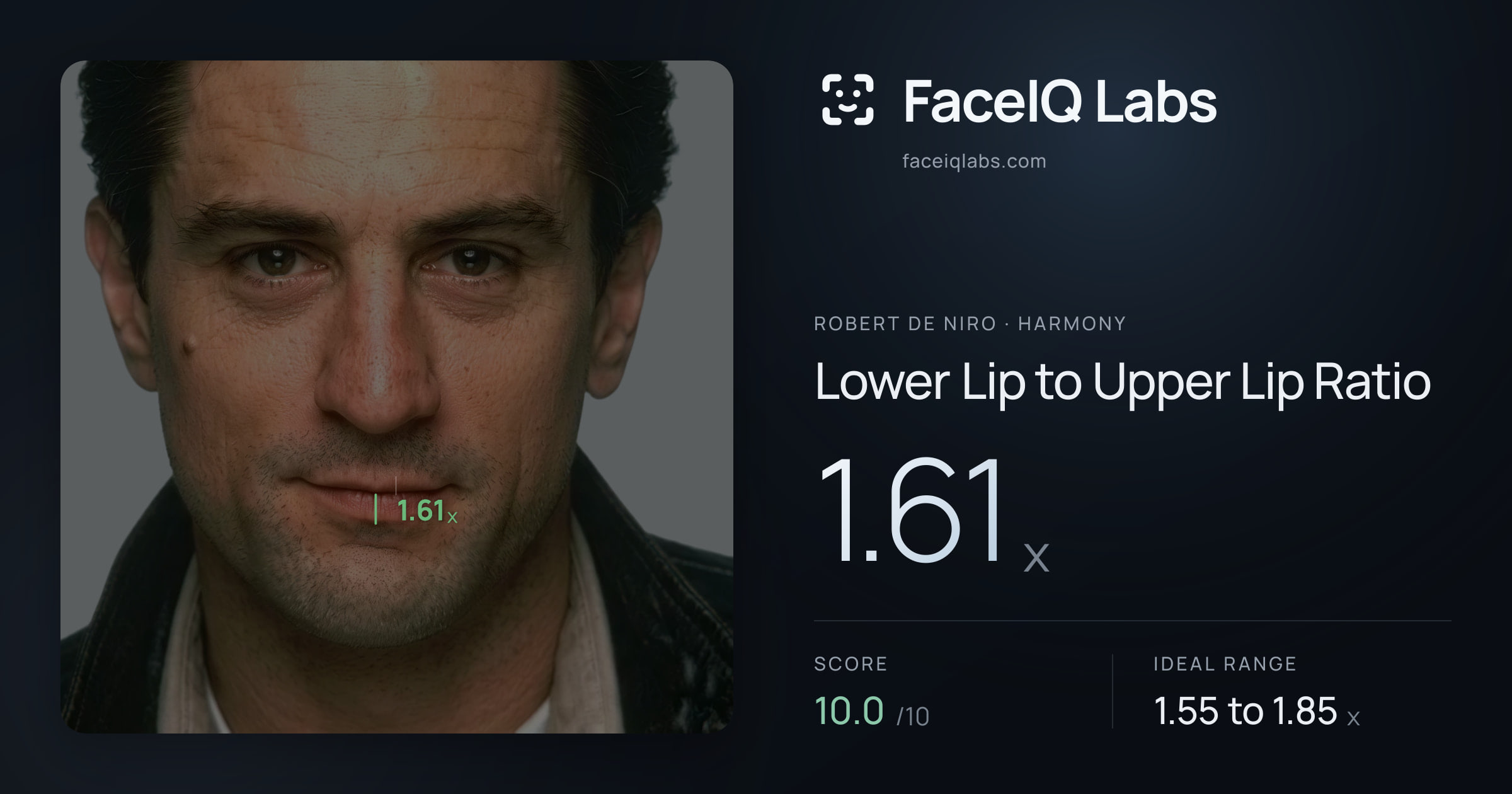 Robert De Niro Lower Lip to Upper Lip Ratio: 1.61x, drawn on the photo