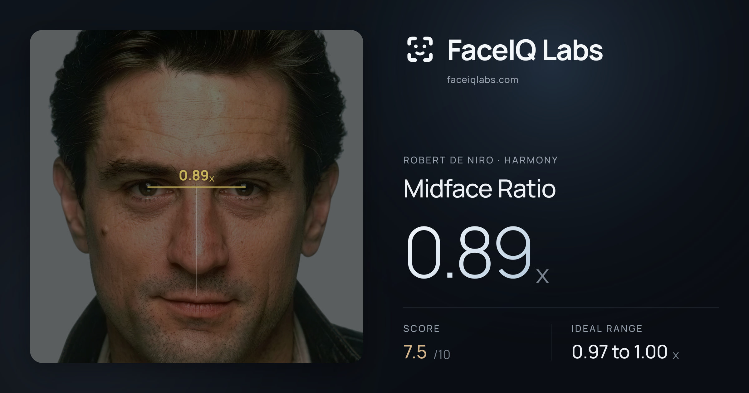 Robert De Niro Midface Ratio: 0.89x, drawn on the photo