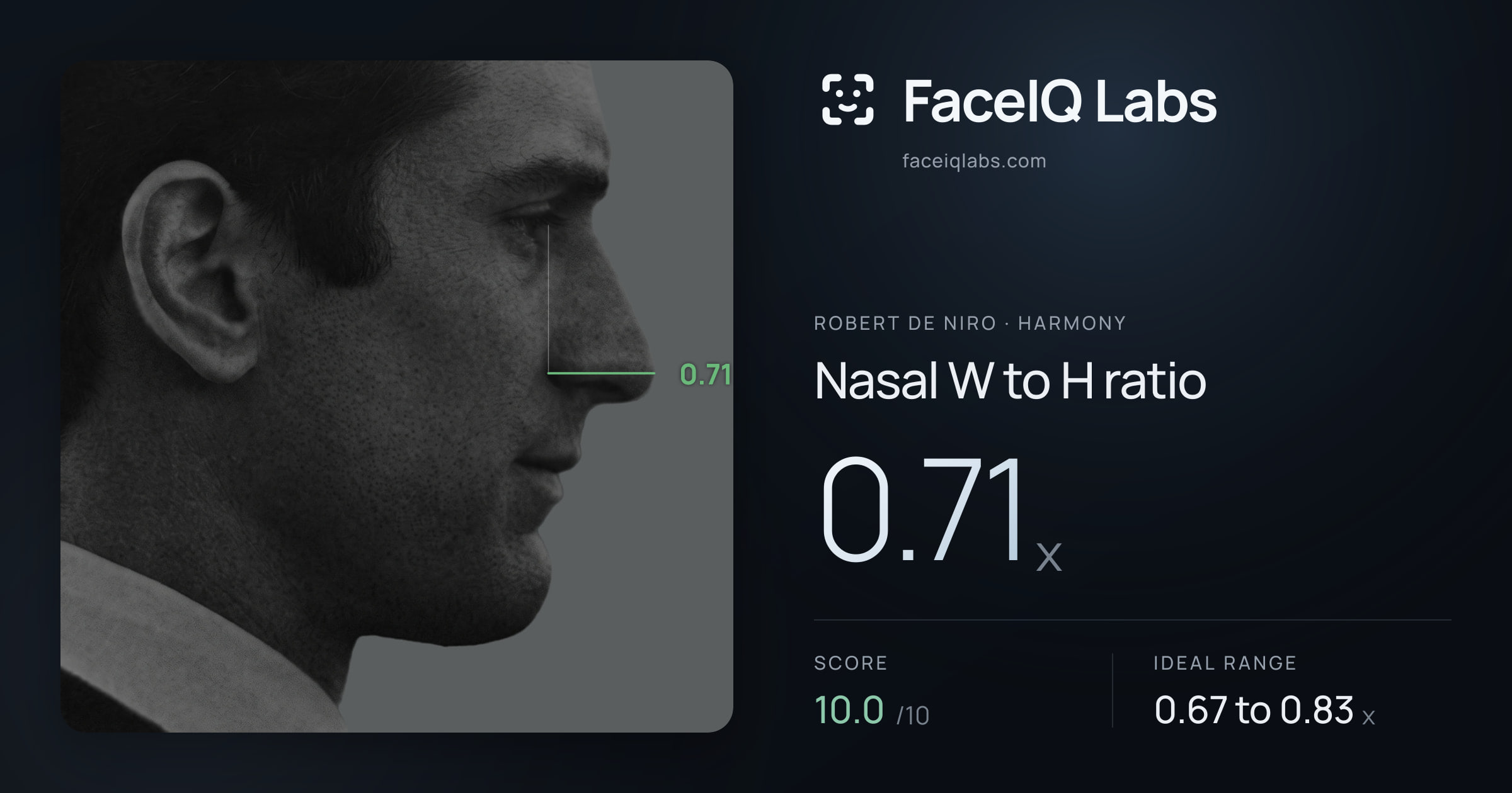 Robert De Niro Nasal W to H ratio: 0.71x, drawn on the photo