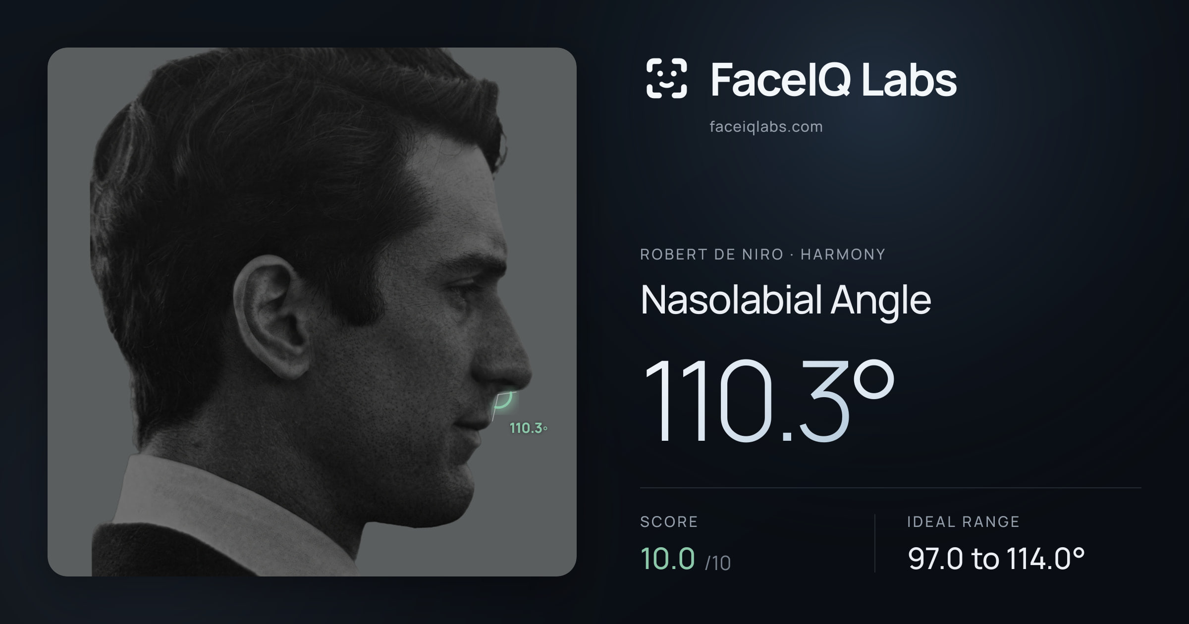 Robert De Niro Nasolabial Angle: 110.3°, drawn on the photo