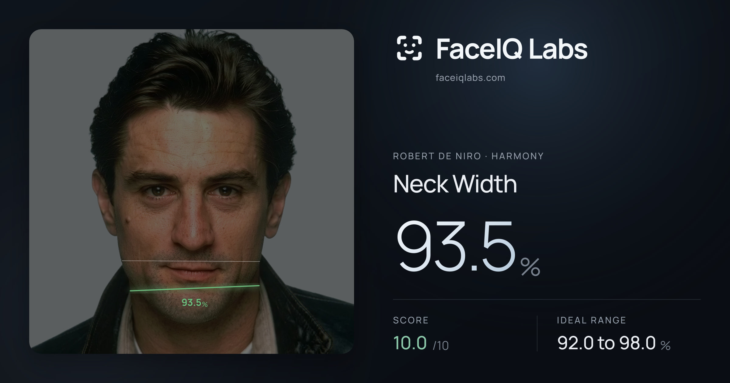 Robert De Niro Neck Width: 93.5%, drawn on the photo