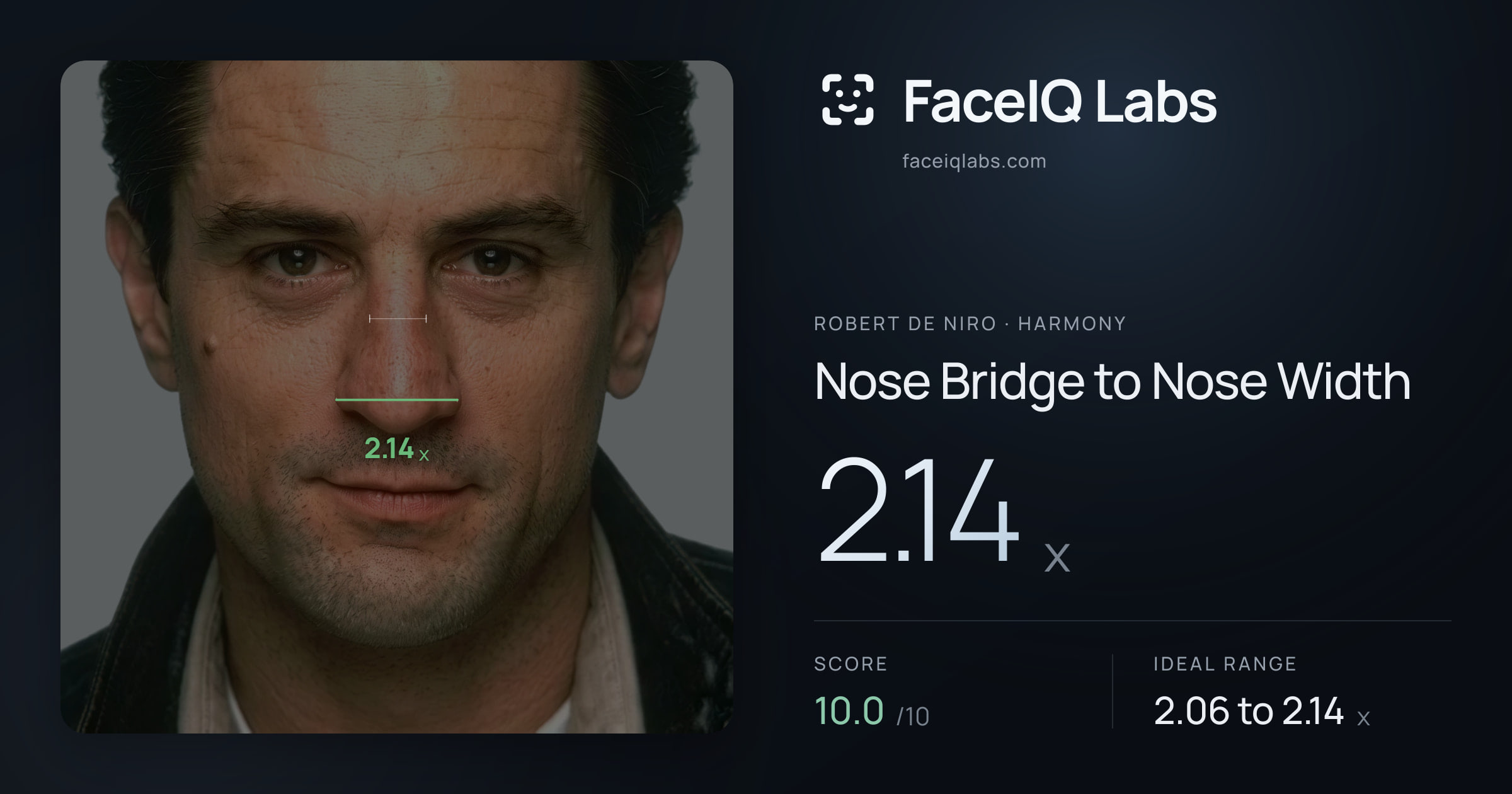 Robert De Niro Nose Bridge to Nose Width: 2.14x, drawn on the photo