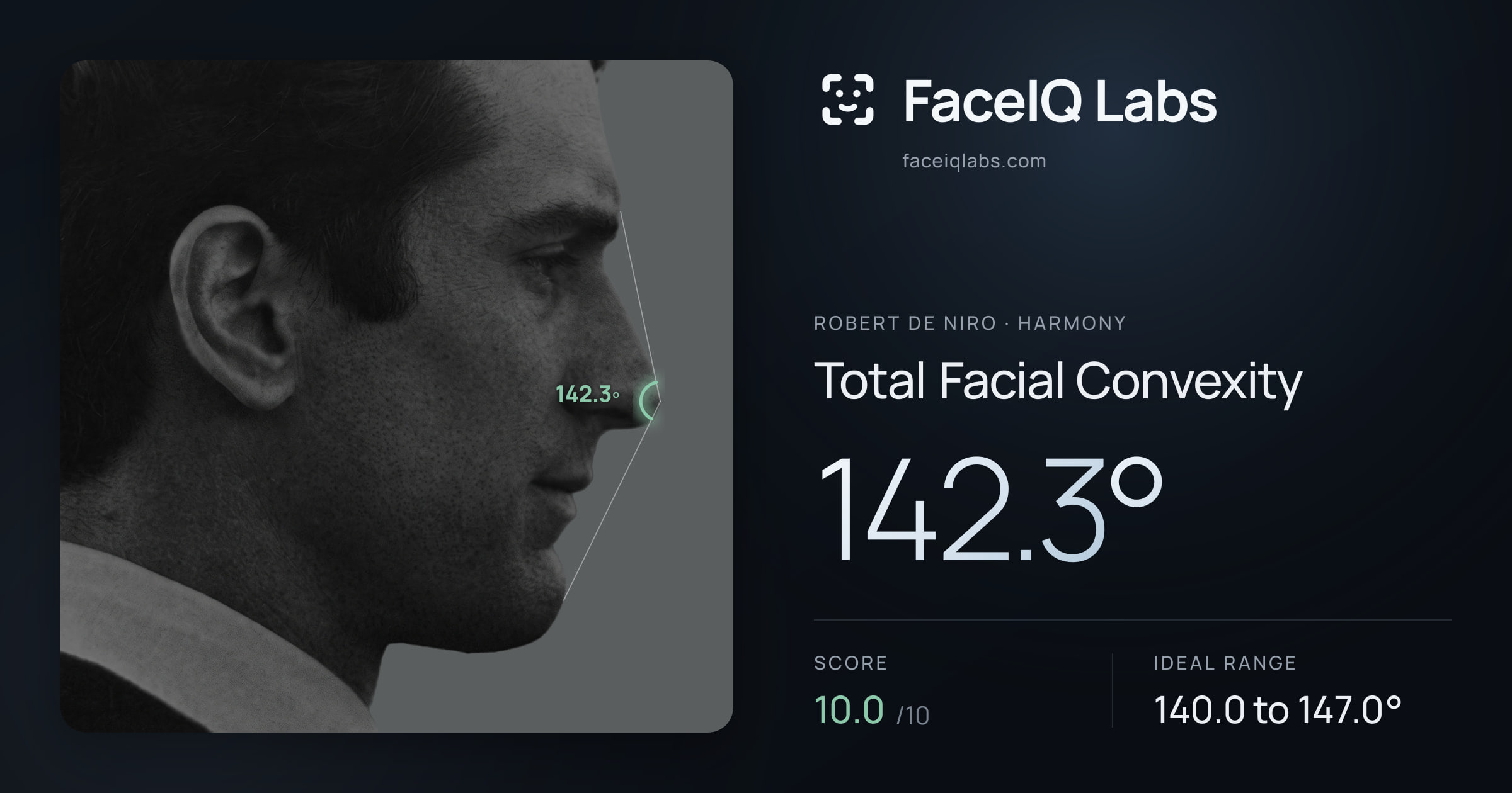 Robert De Niro Total Facial Convexity: 142.3°, drawn on the photo