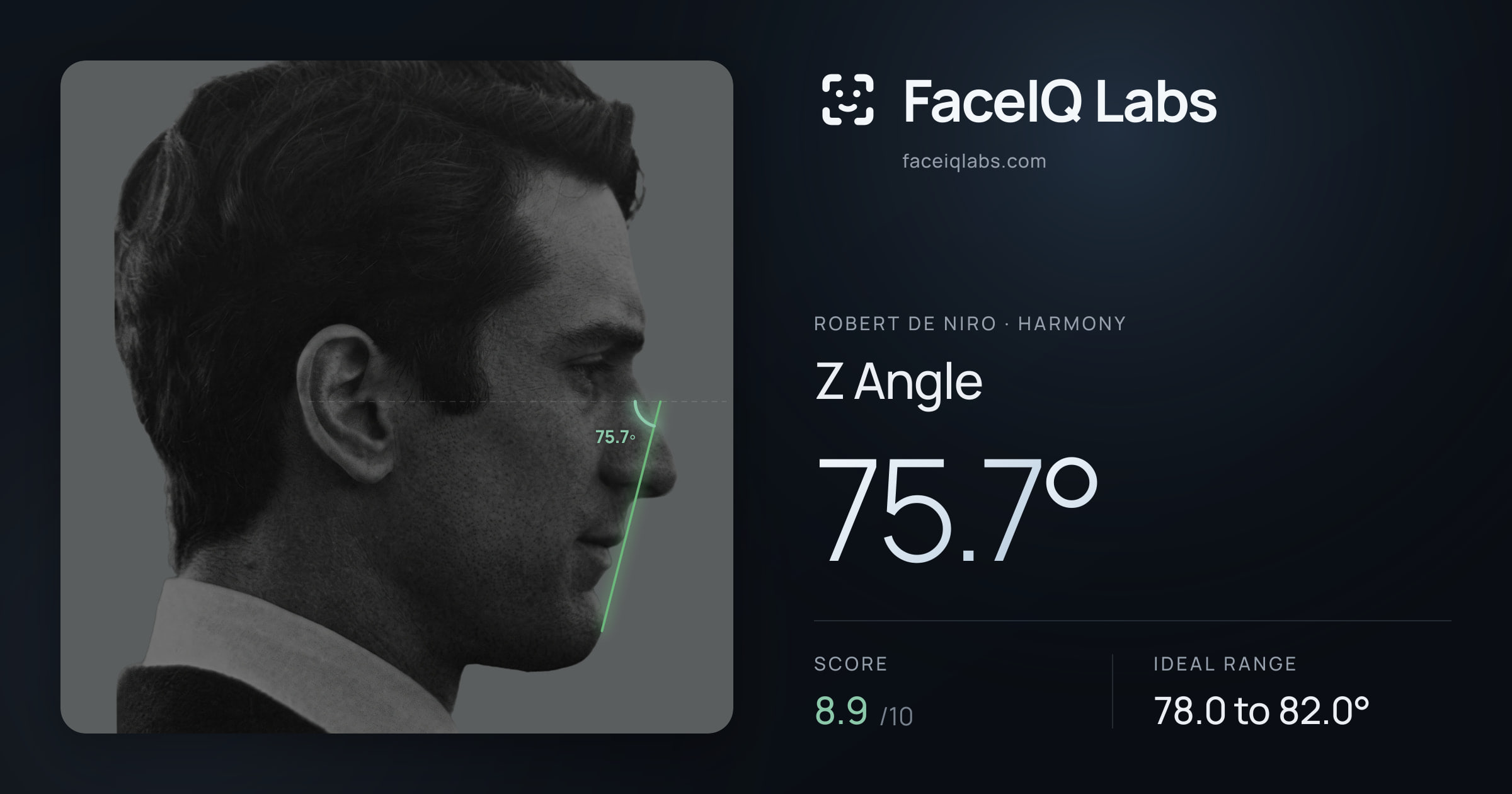 Robert De Niro Z Angle: 75.7°, drawn on the photo