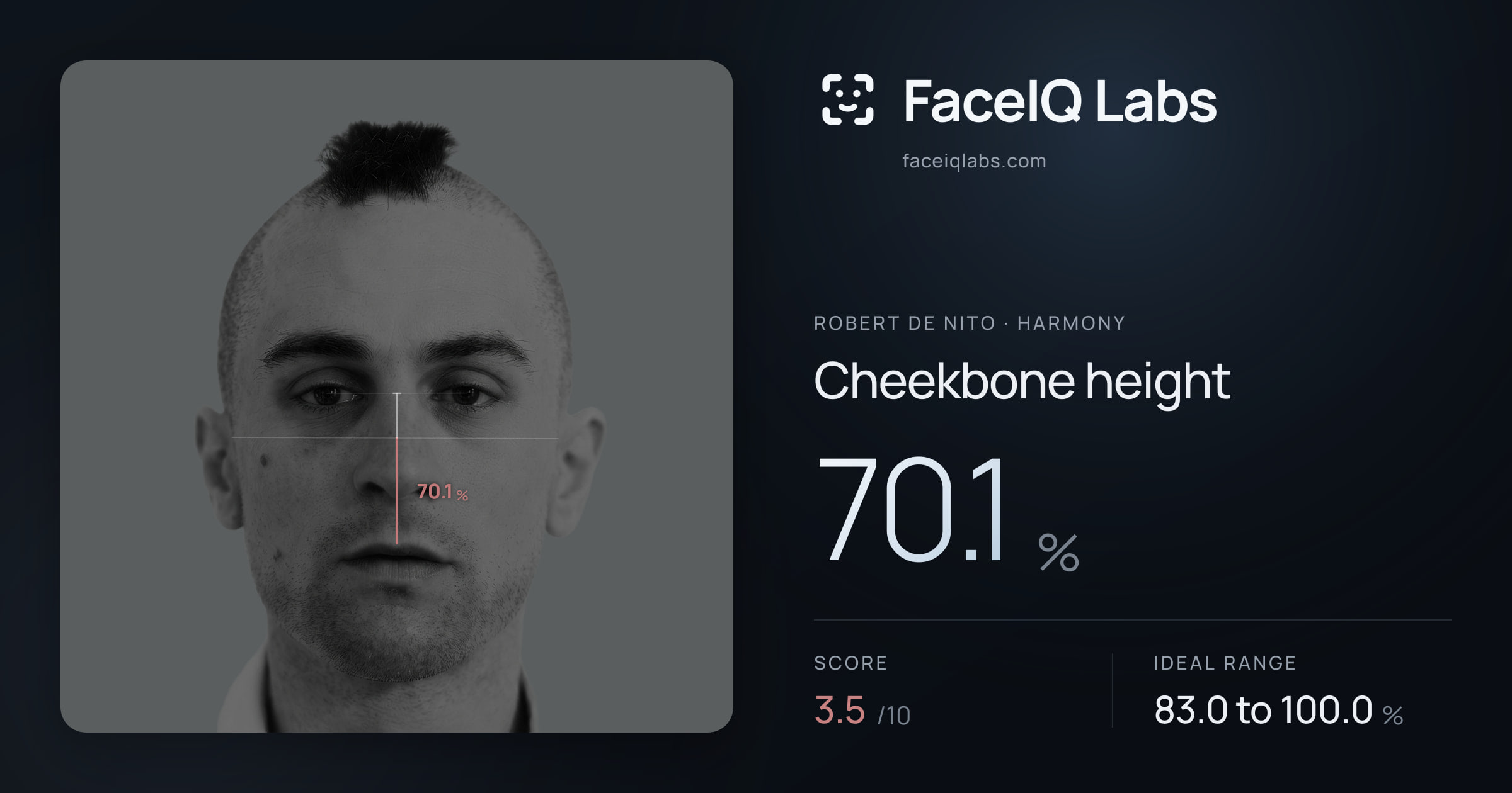 Robert De Nito Cheekbone height: 70.1%, drawn on the photo