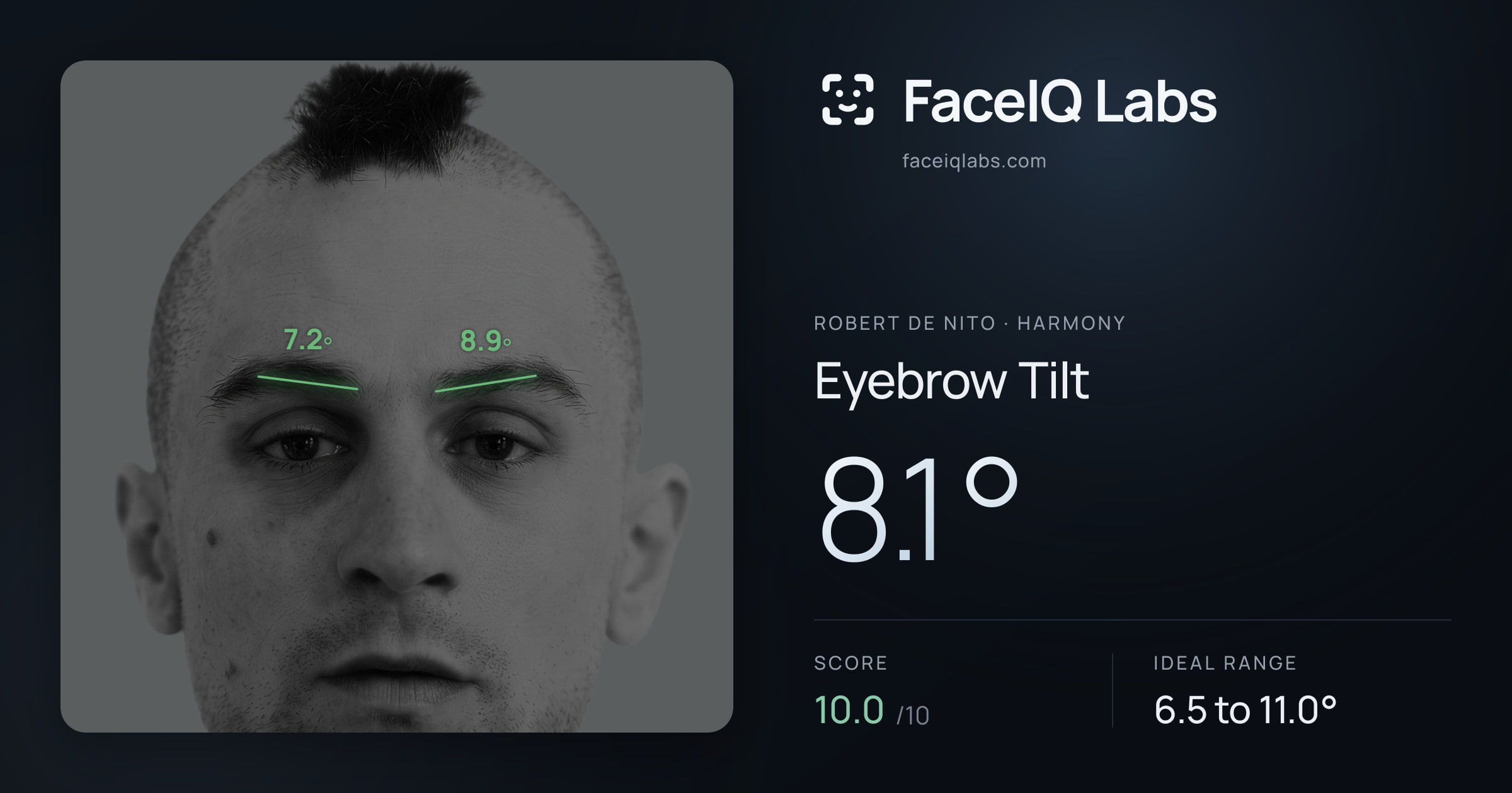 Robert De Nito Eyebrow Tilt: 8.1°, drawn on the photo