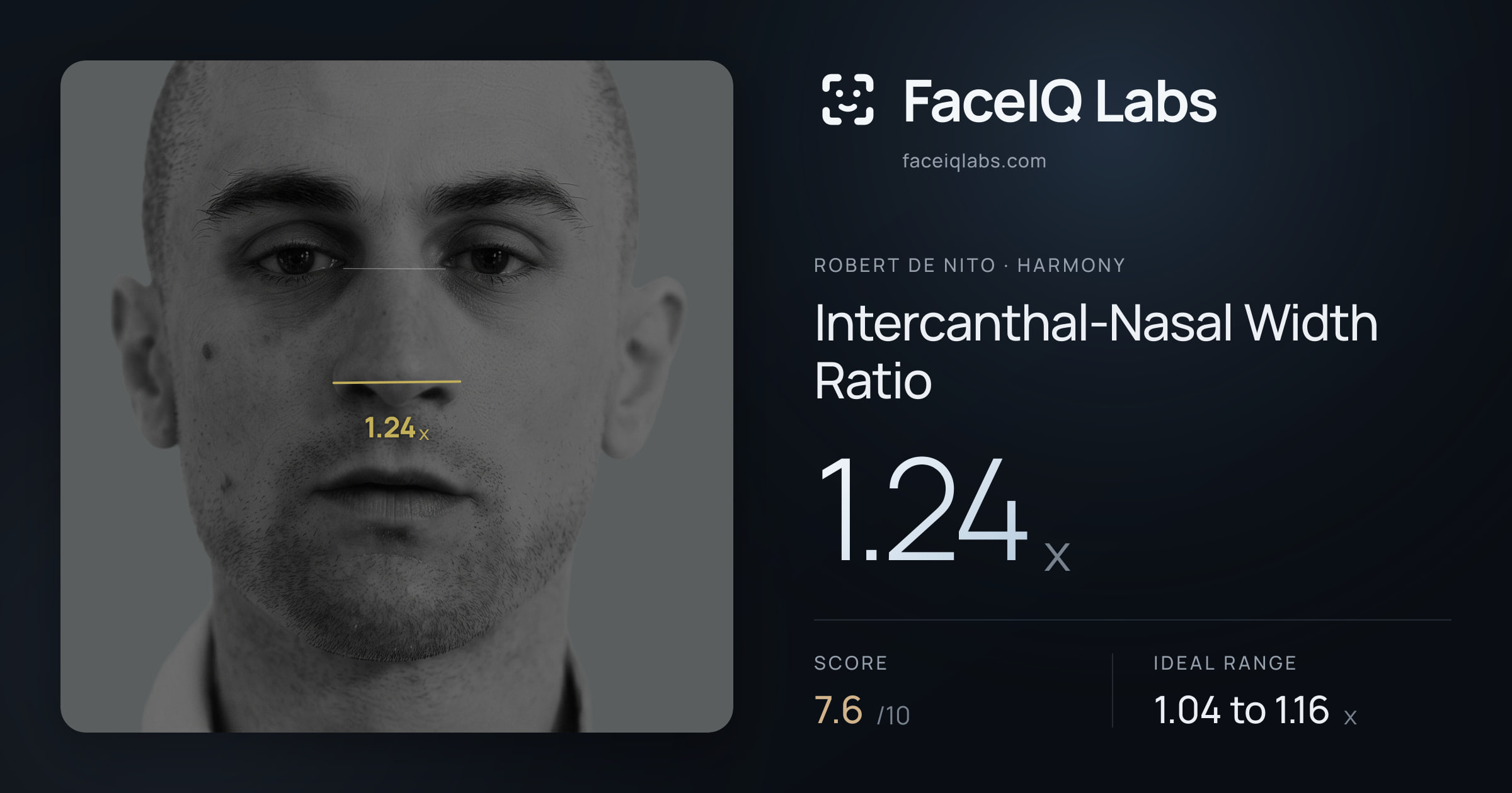 Robert De Nito Intercanthal-Nasal Width Ratio: 1.24x, drawn on the photo
