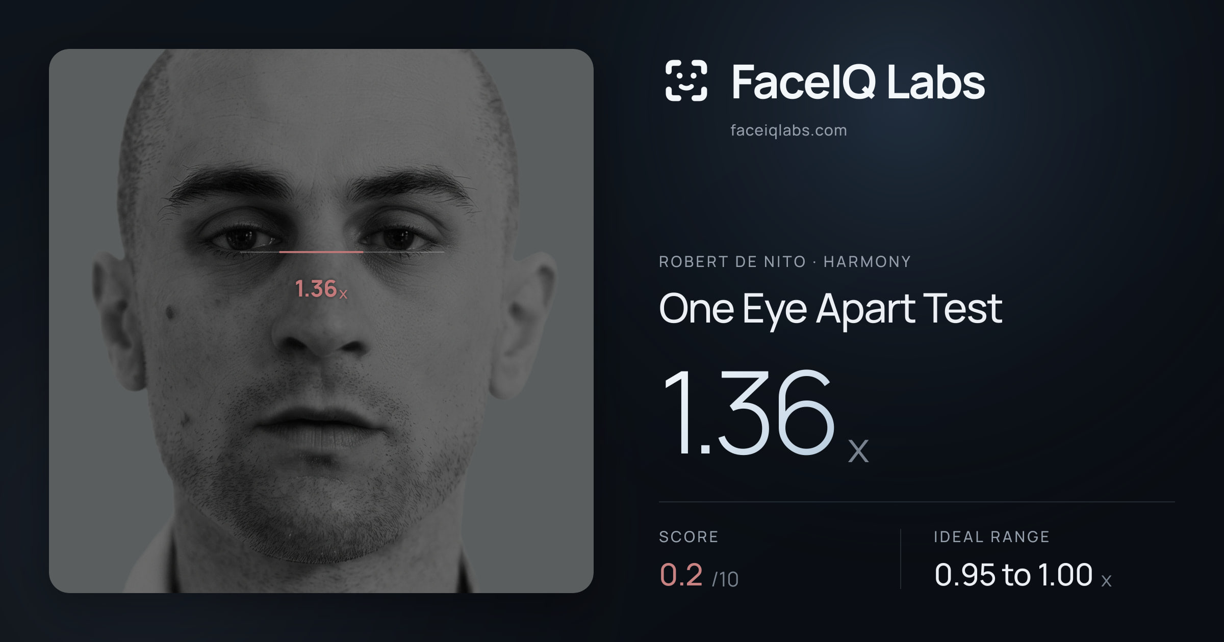 Robert De Nito One Eye Apart Test: 1.36x, drawn on the photo