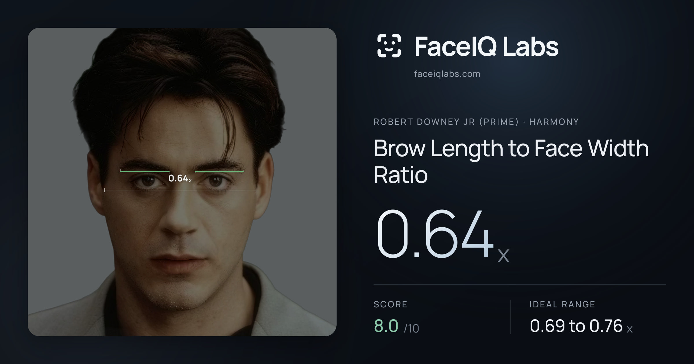 Robert Downey Jr (Prime) Brow Length to Face Width Ratio: 0.64x, drawn on the photo
