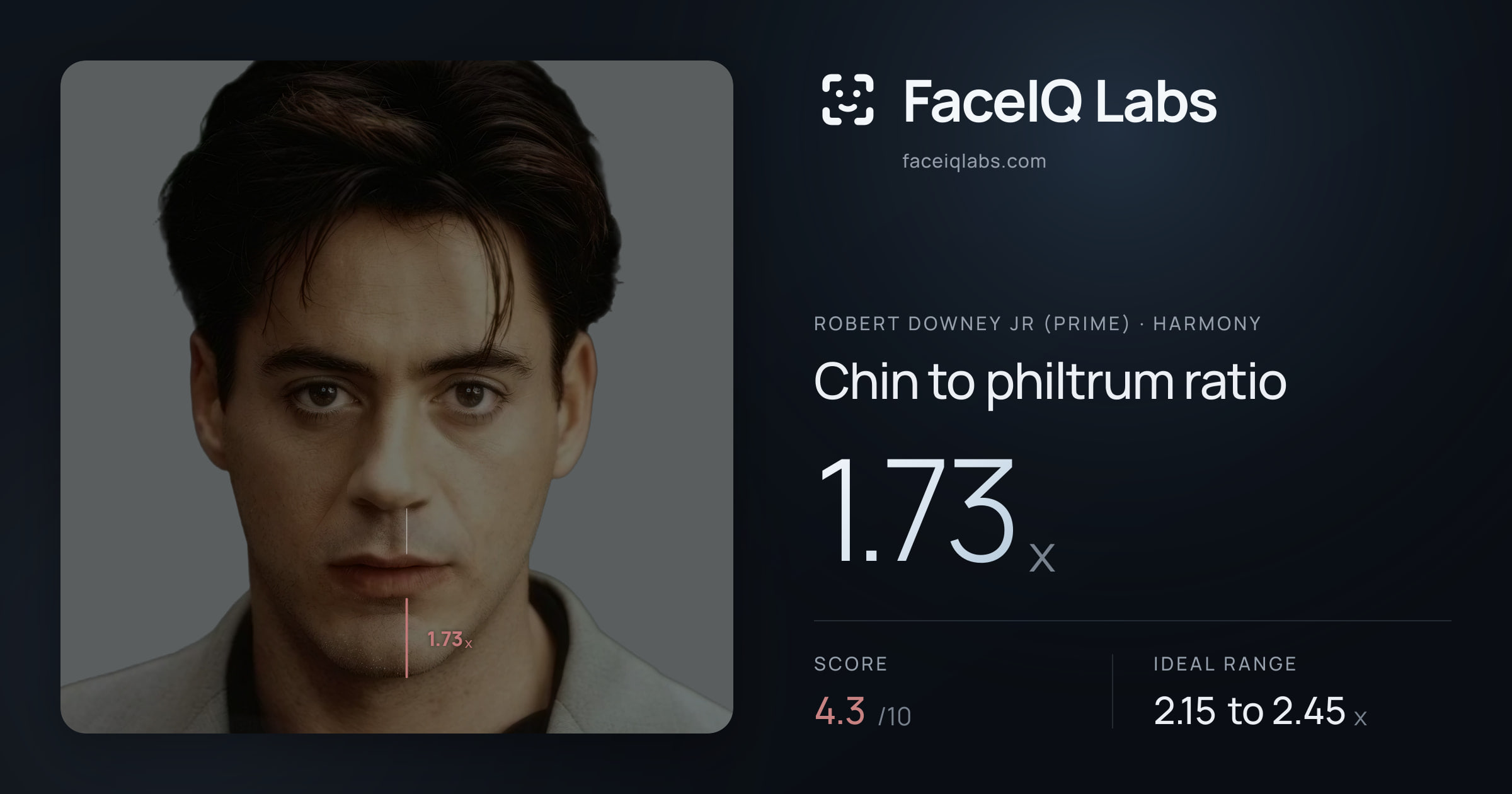 Robert Downey Jr (Prime) Chin to philtrum ratio: 1.73x, drawn on the photo