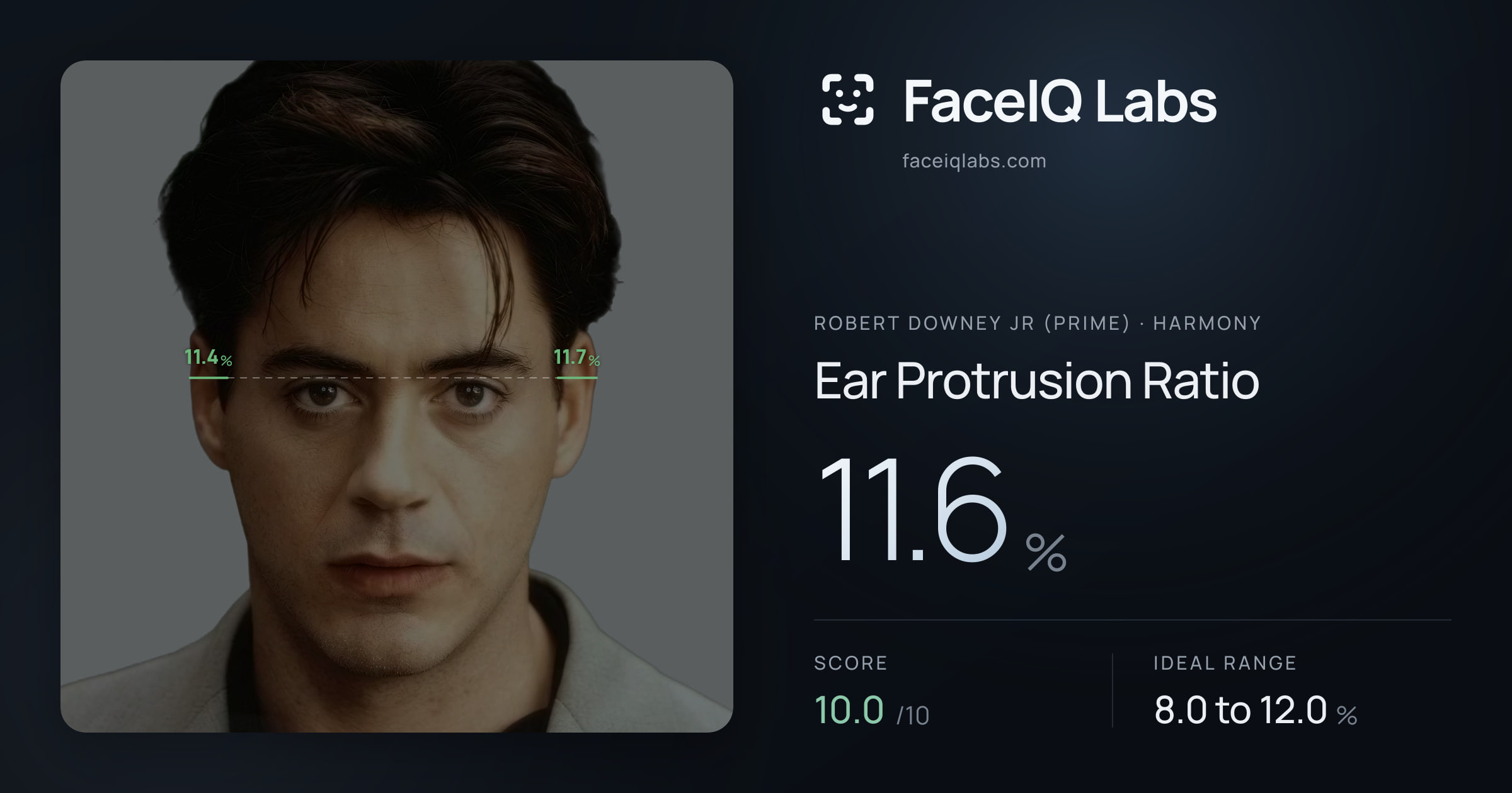 Robert Downey Jr (Prime) Ear Protrusion Ratio: 11.6%, drawn on the photo