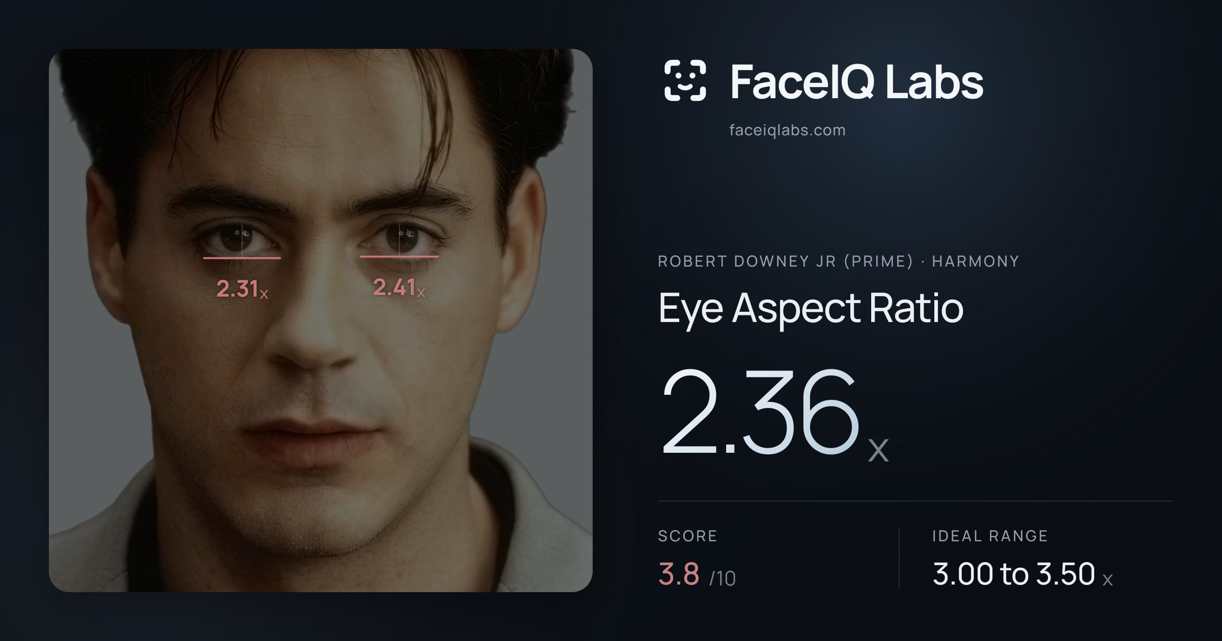 Robert Downey Jr (Prime) Eye Aspect Ratio: 2.36x, drawn on the photo