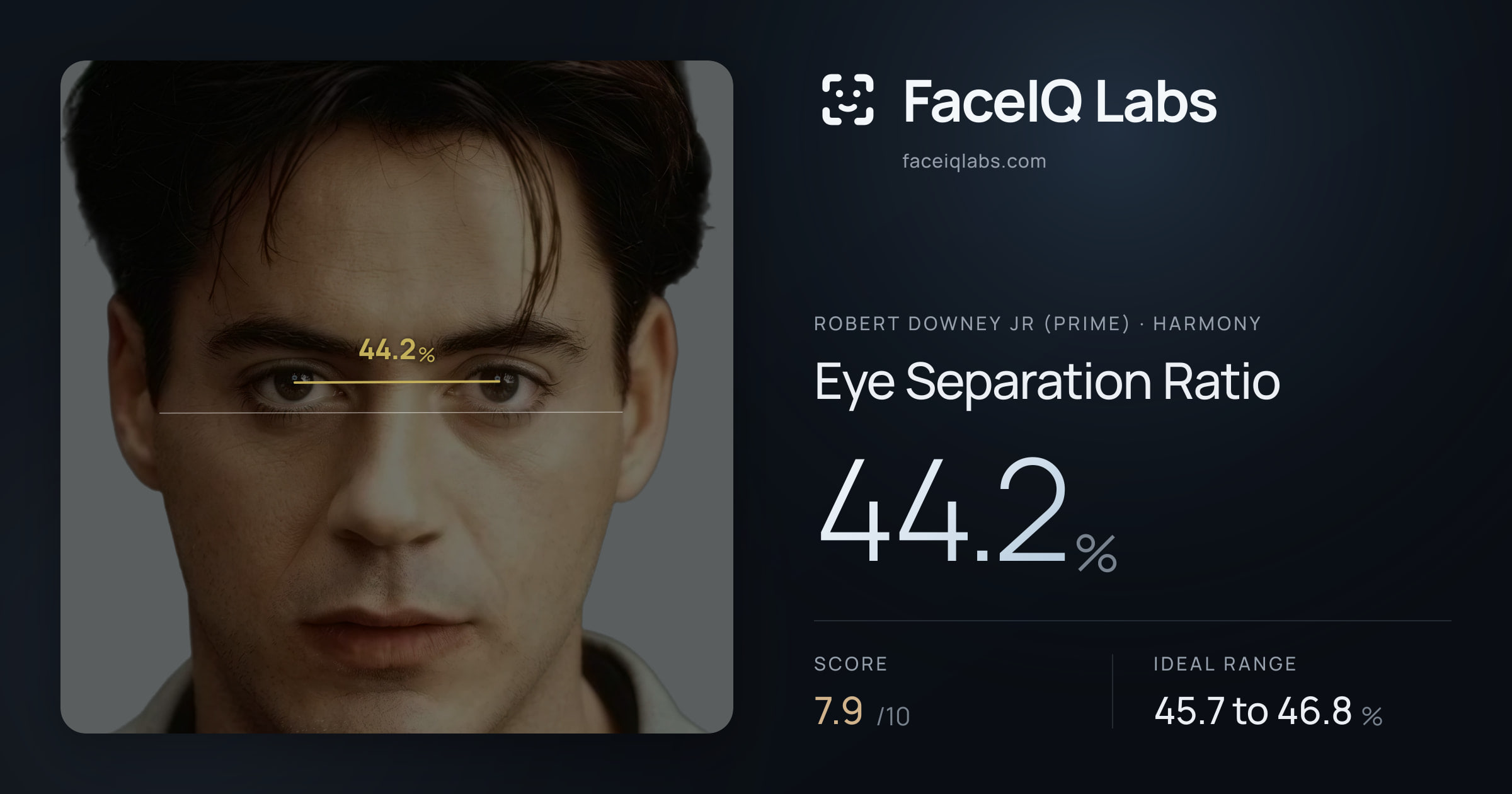 Robert Downey Jr (Prime) Eye Separation Ratio: 44.2%, drawn on the photo