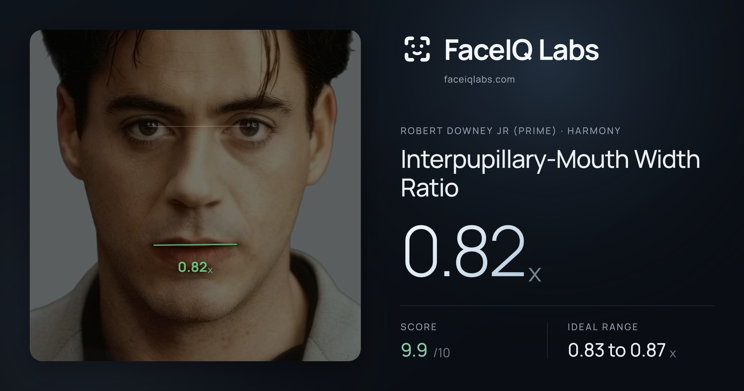 Robert Downey Jr (Prime) Interpupillary-Mouth Width Ratio: 0.82x, drawn on the photo