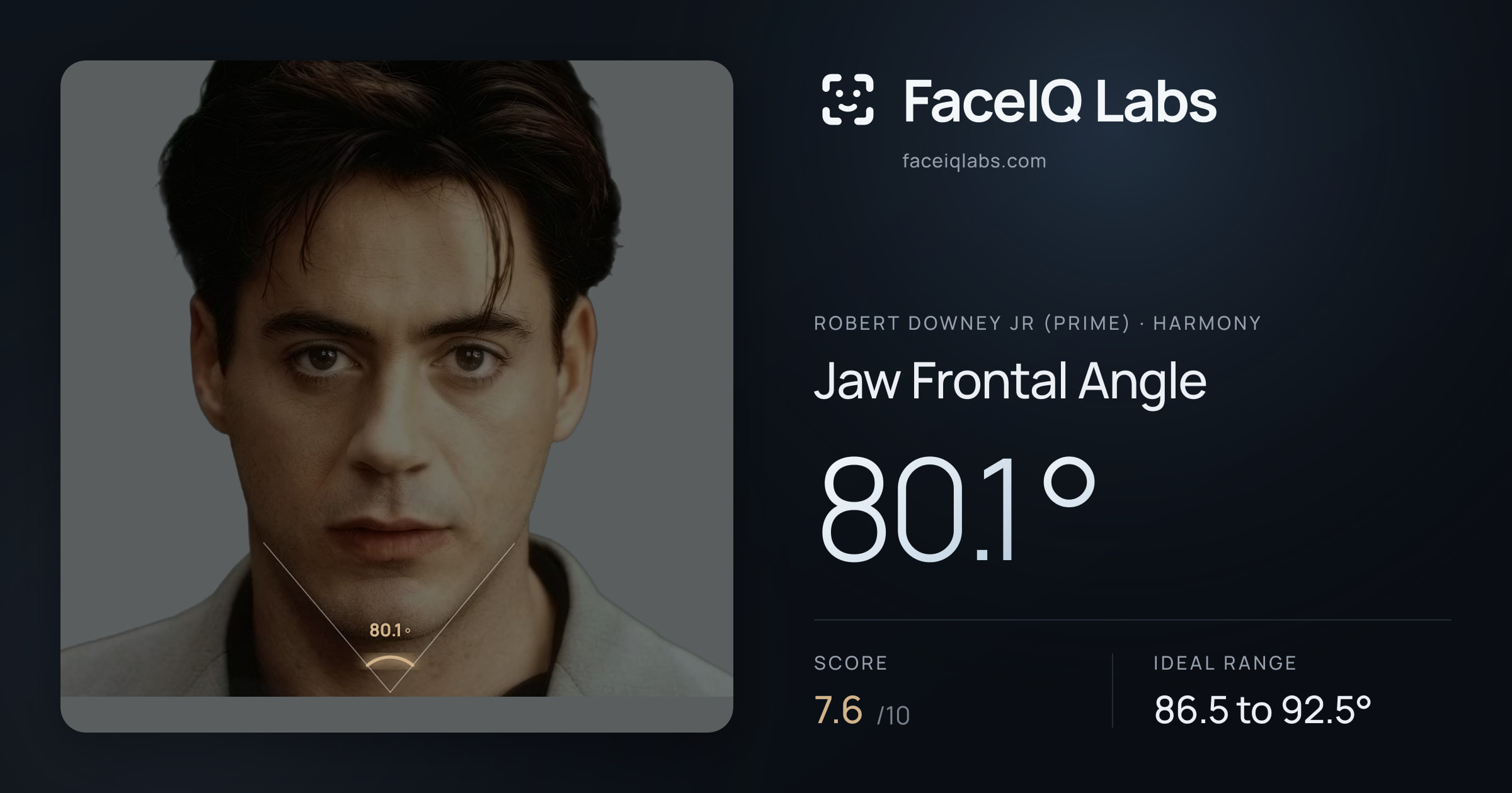 Robert Downey Jr (Prime) Jaw Frontal Angle: 80.1°, drawn on the photo