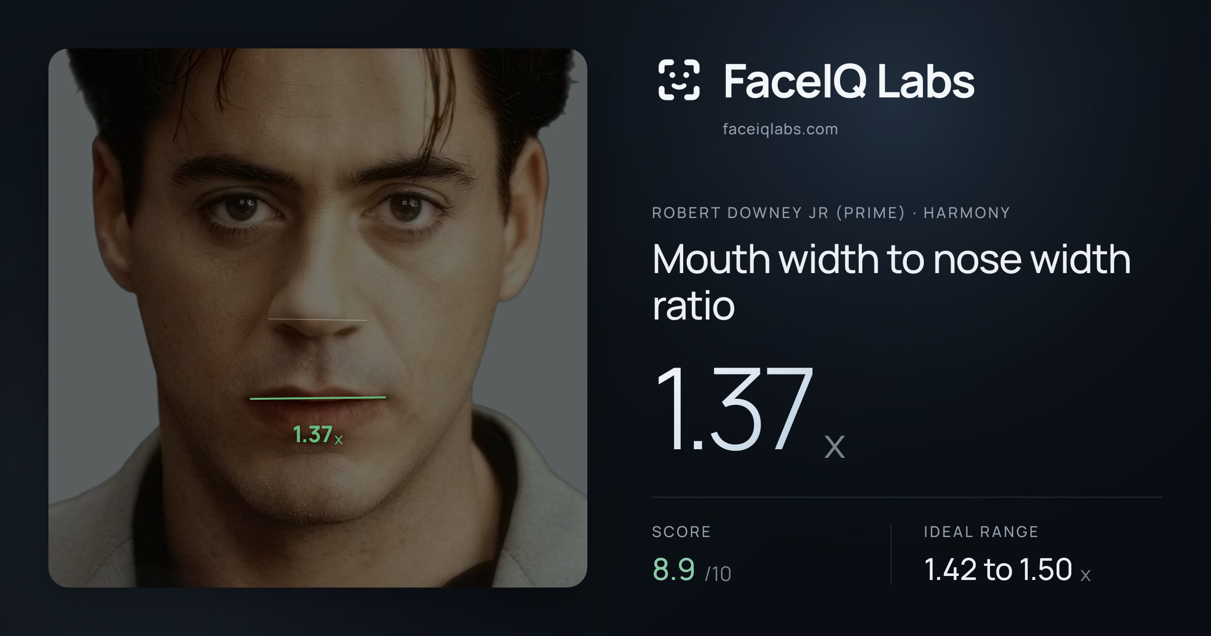 Robert Downey Jr (Prime) Mouth width to nose width ratio: 1.37x, drawn on the photo