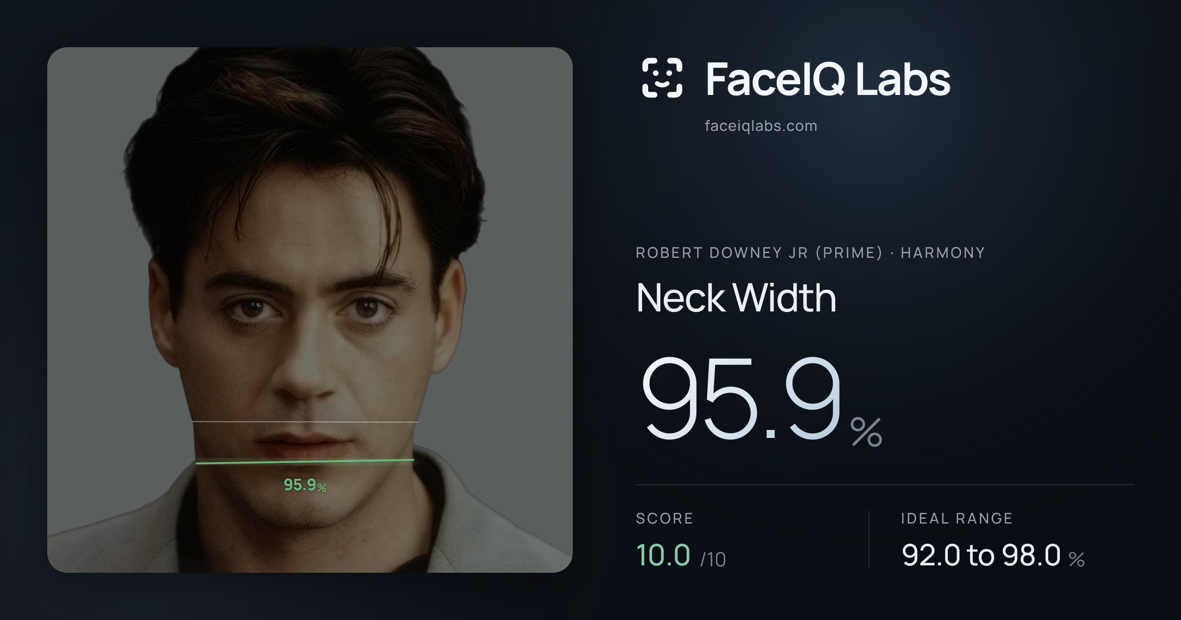 Robert Downey Jr (Prime) Neck Width: 95.9%, drawn on the photo