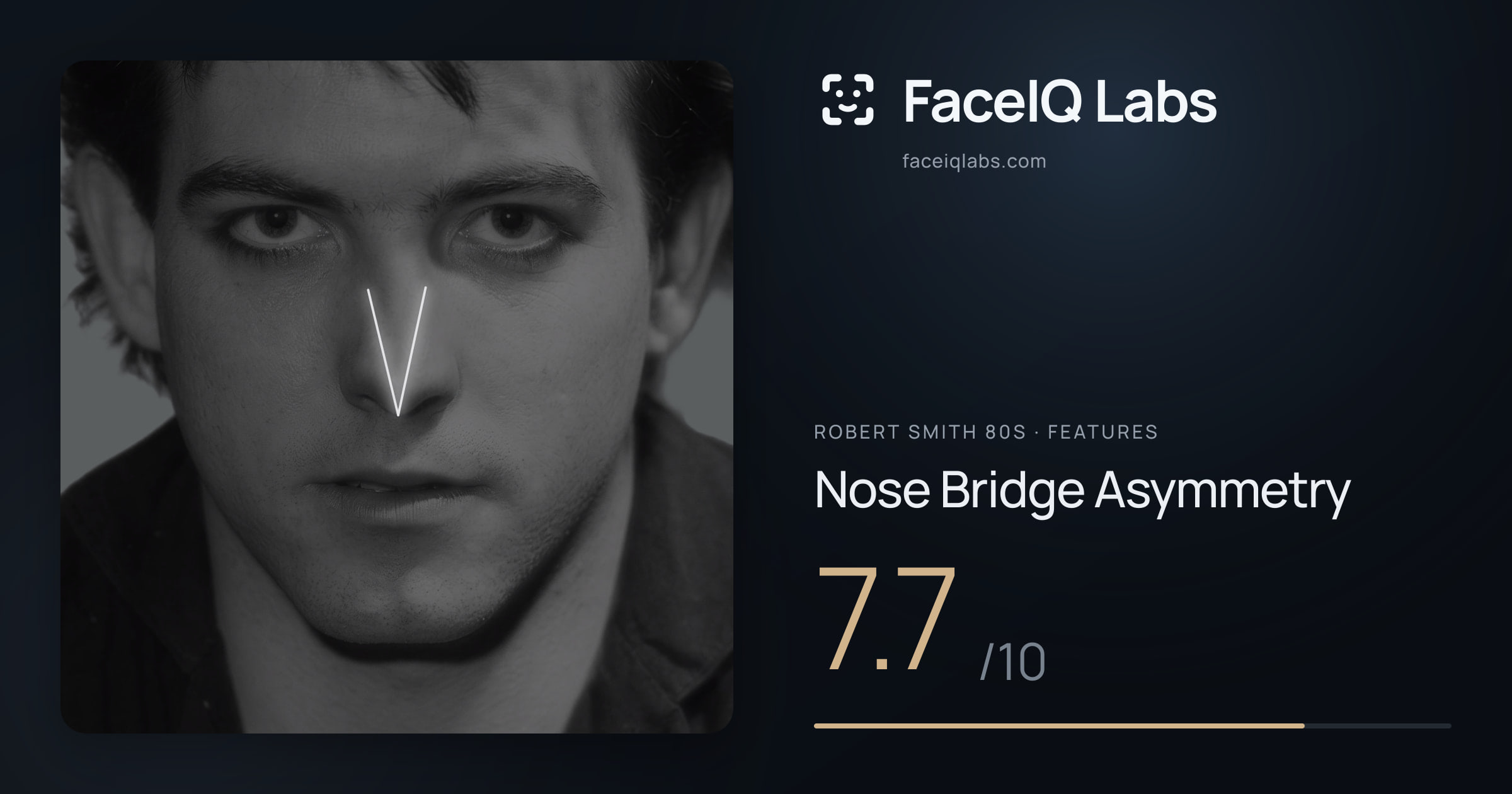 Robert Smith 80s Nose Bridge Asymmetry: 7.7/10, drawn on the photo
