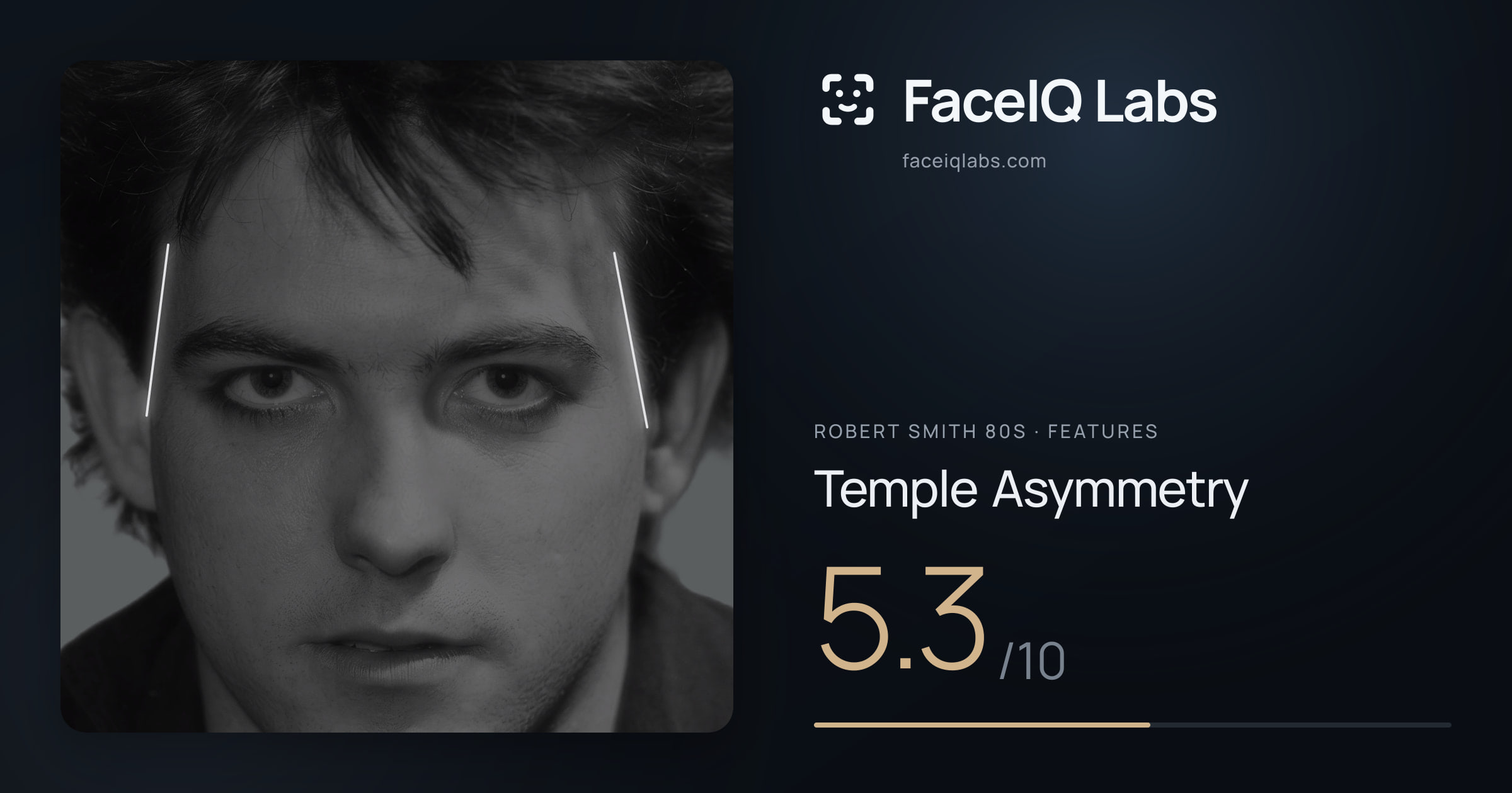 Robert Smith 80s Temple Asymmetry: 5.3/10, drawn on the photo
