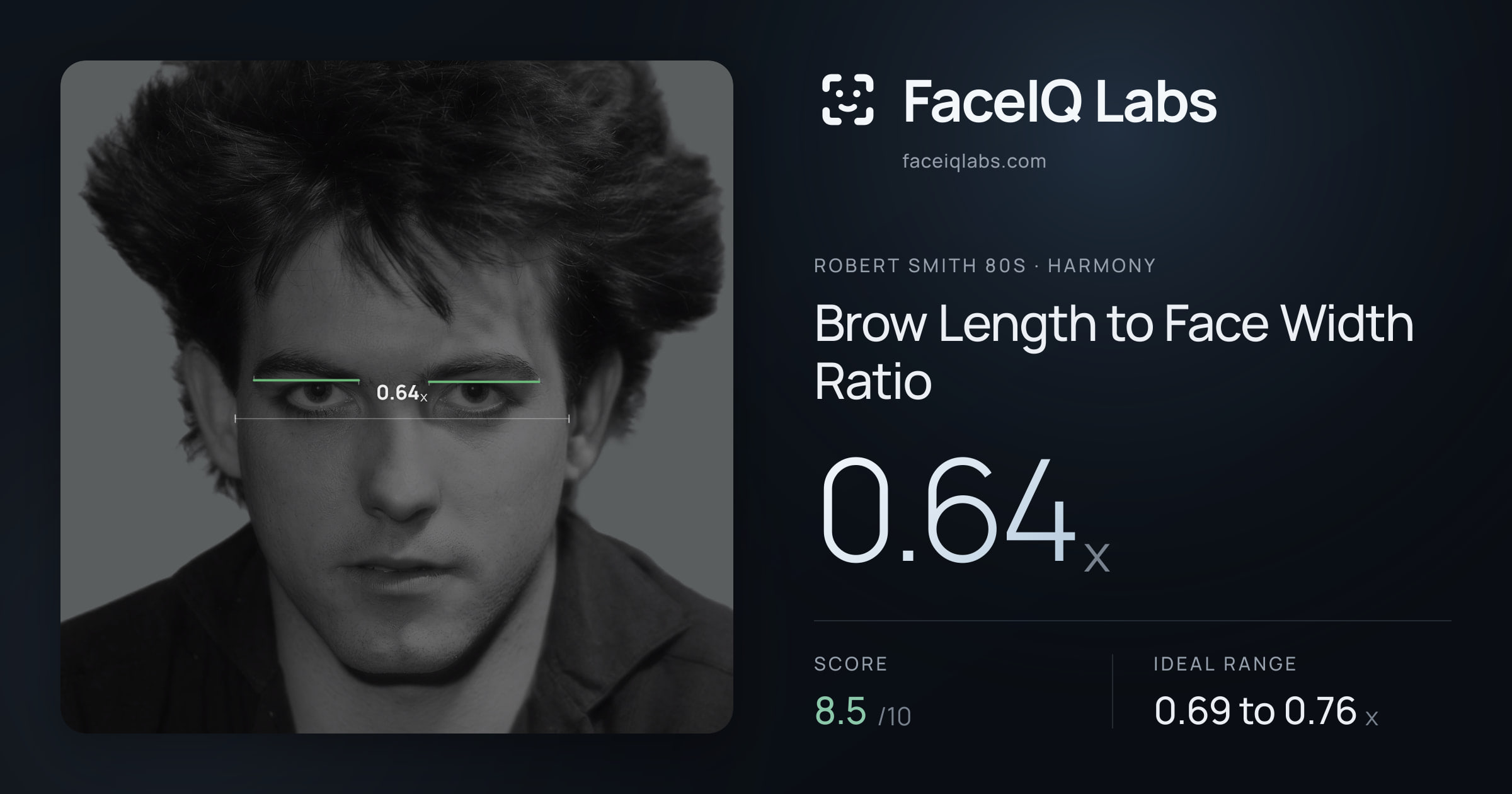 Robert Smith 80s Brow Length to Face Width Ratio: 0.64x, drawn on the photo