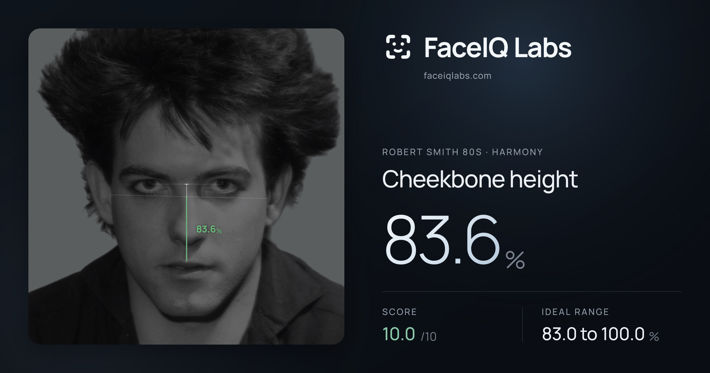 Robert Smith 80s Cheekbone height: 83.6%, drawn on the photo