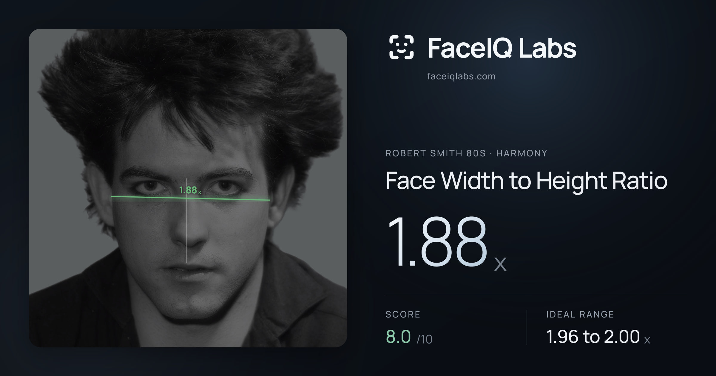 Robert Smith 80s Face Width to Height Ratio: 1.88x, drawn on the photo