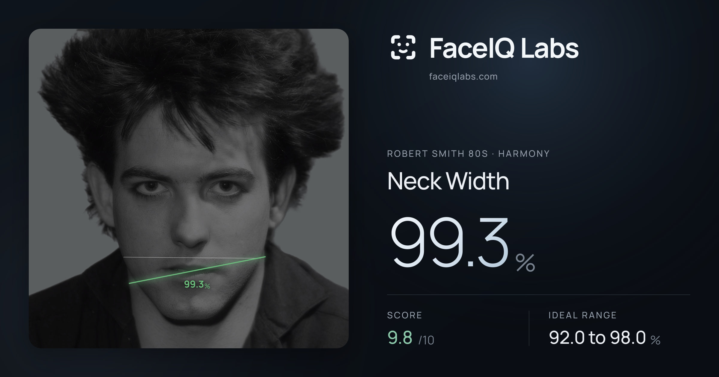 Robert Smith 80s Neck Width: 99.3%, drawn on the photo