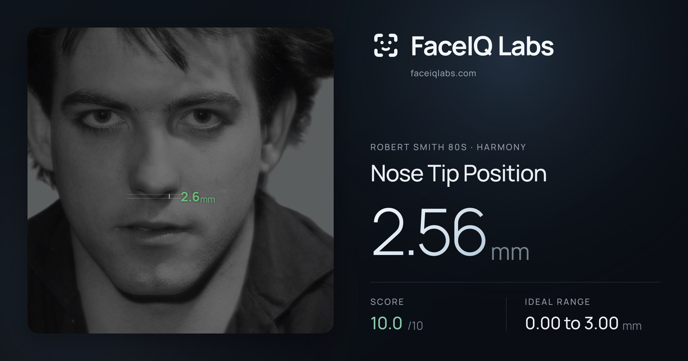 Robert Smith 80s Nose Tip Position: 2.56mm, drawn on the photo