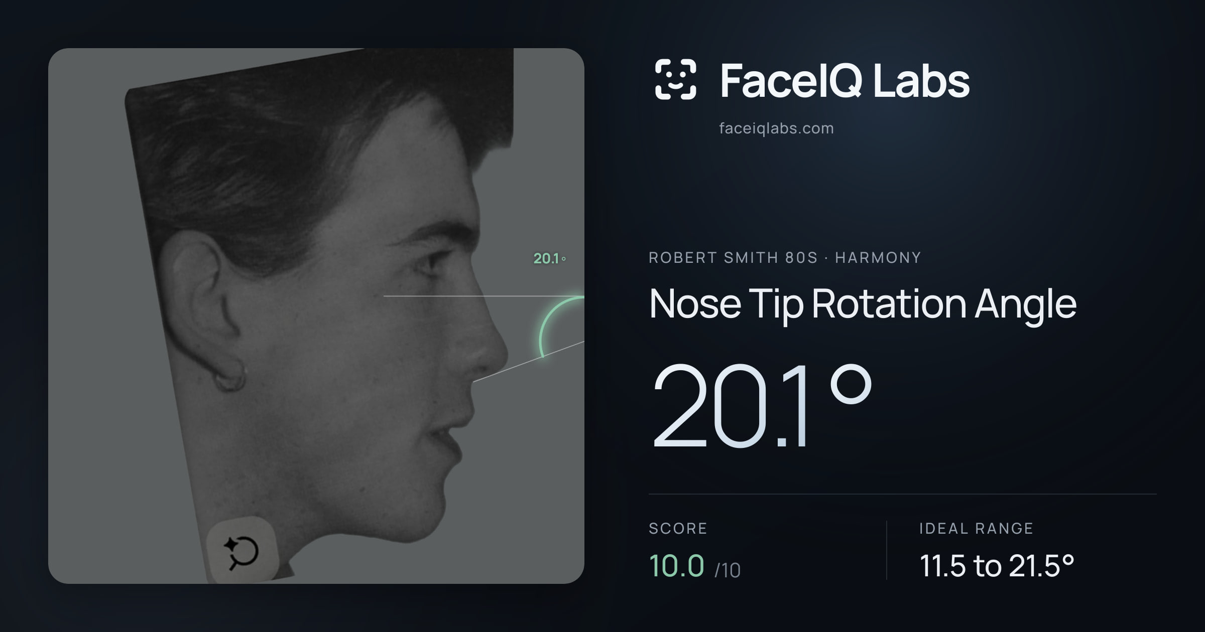 Robert Smith 80s Nose Tip Rotation Angle: 20.1°, drawn on the photo