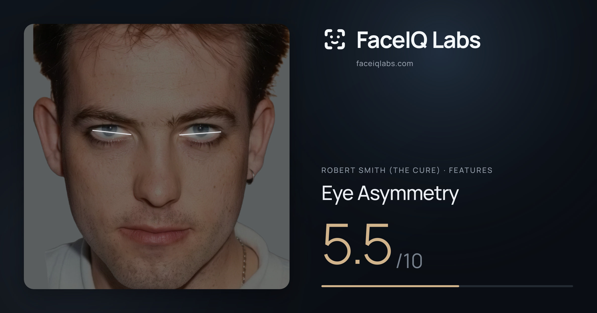 Robert Smith (The cure) Eye Asymmetry: 5.5/10, drawn on the photo