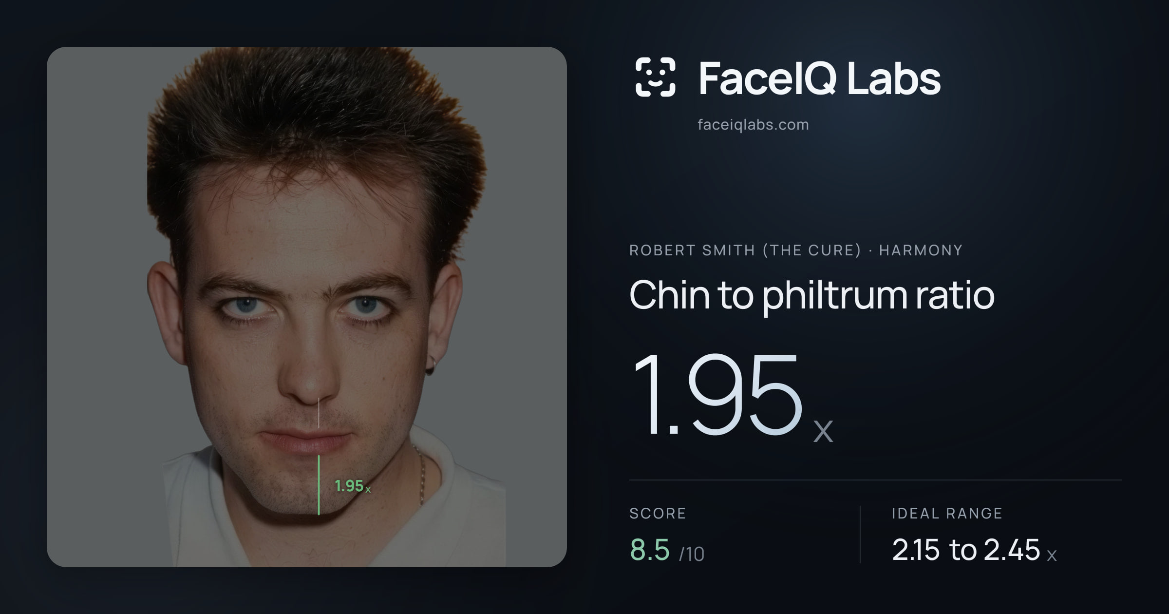 Robert Smith (The cure) Chin to philtrum ratio: 1.95x, drawn on the photo