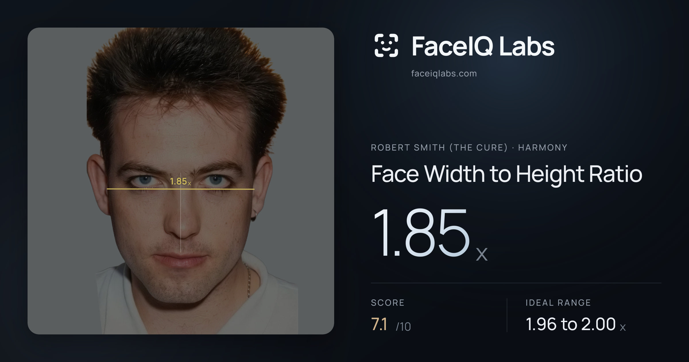 Robert Smith (The cure) Face Width to Height Ratio: 1.85x, drawn on the photo