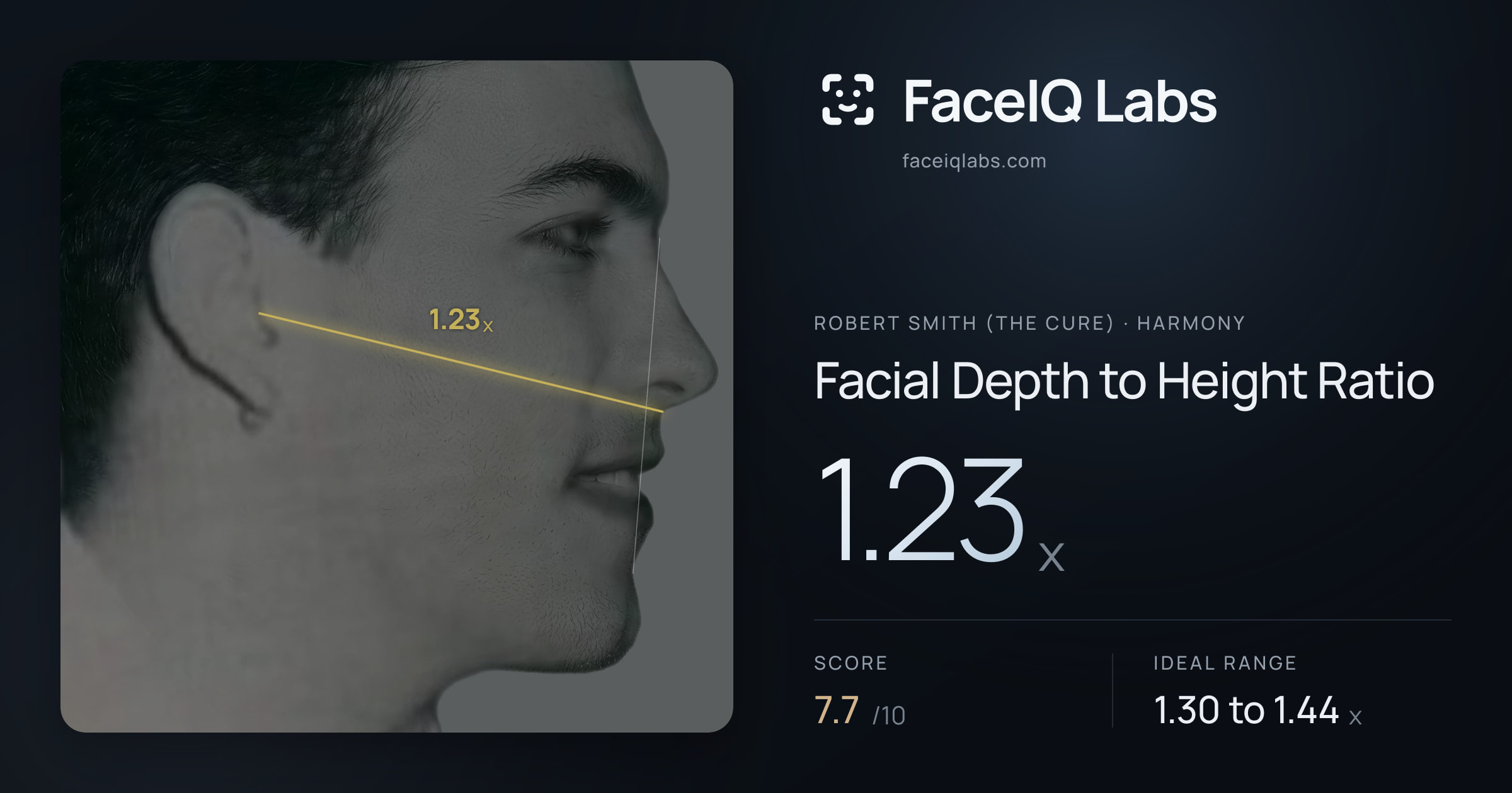 Robert Smith (The cure) Facial Depth to Height Ratio: 1.23x, drawn on the photo