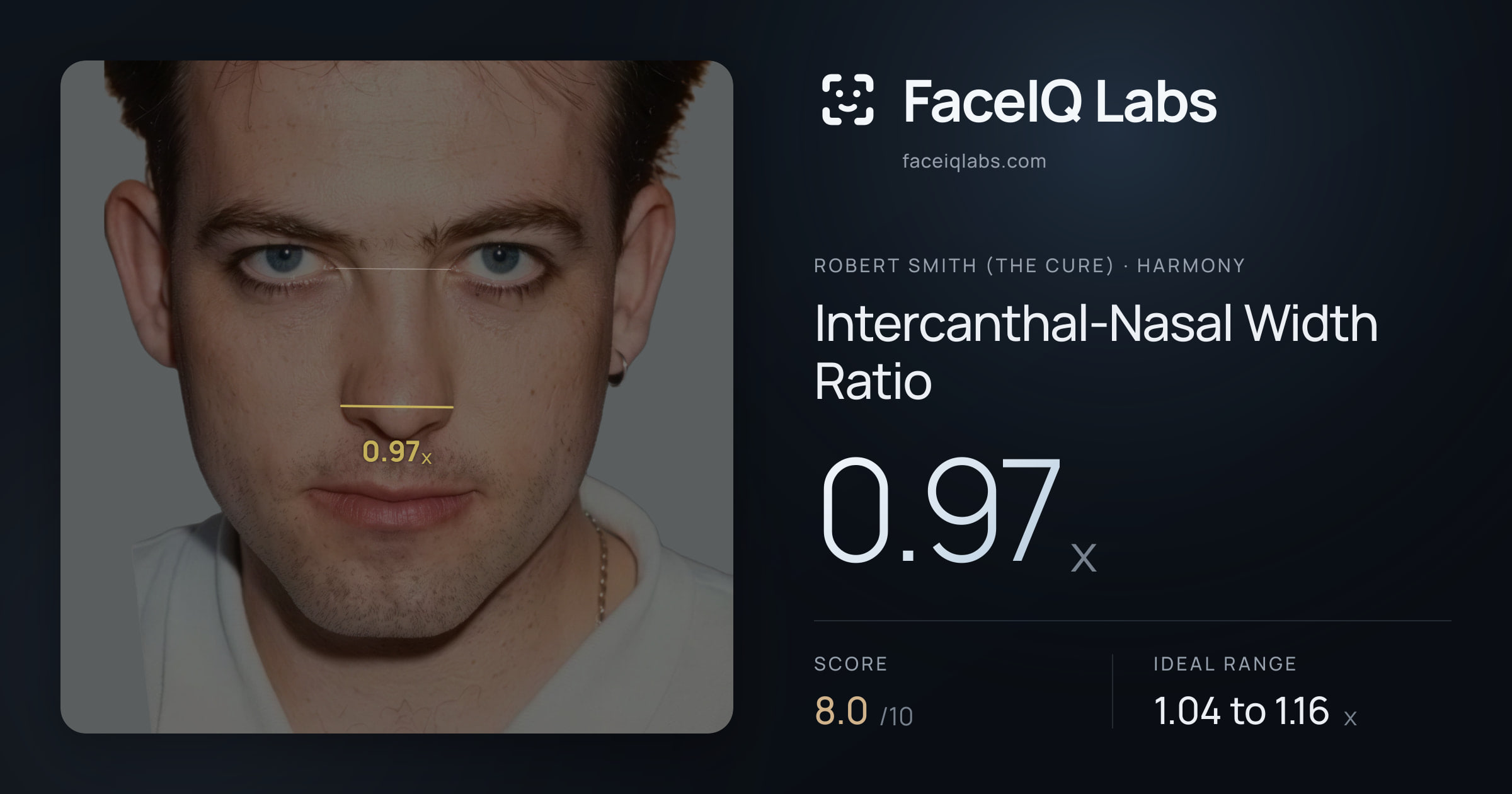Robert Smith (The cure) Intercanthal-Nasal Width Ratio: 0.97x, drawn on the photo